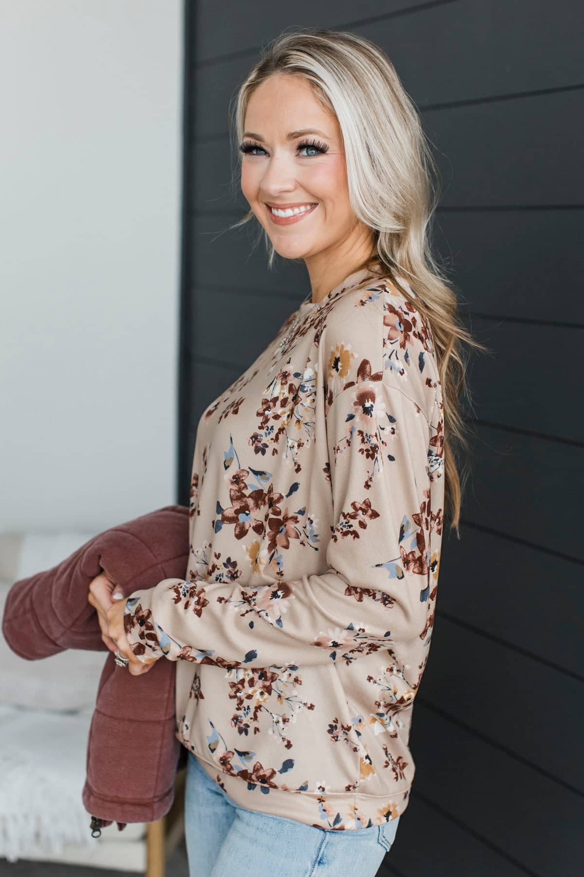 Fascinate Me Long Sleeve Floral Top- Sand - Image 4