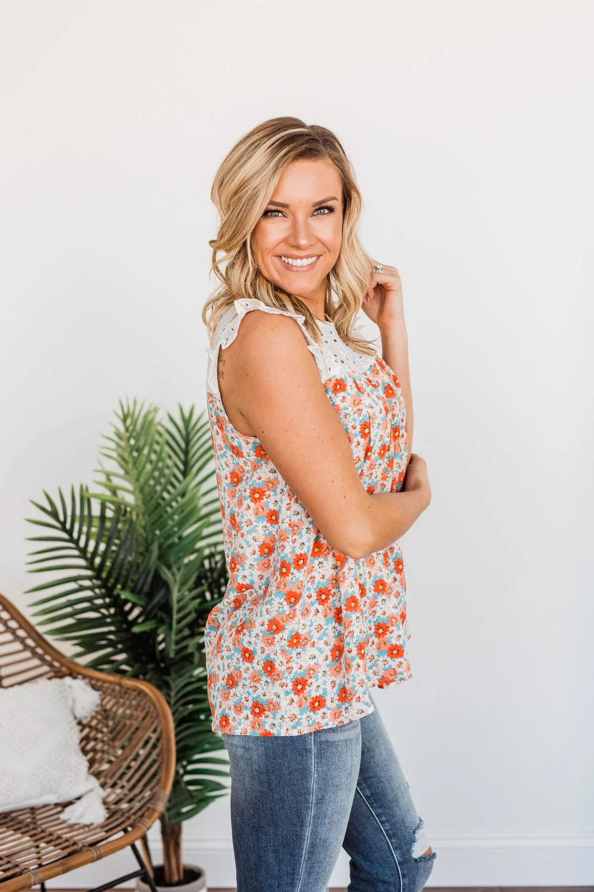 Fashionable In Floral Blouse Top- Coral & Ivory - Image 8