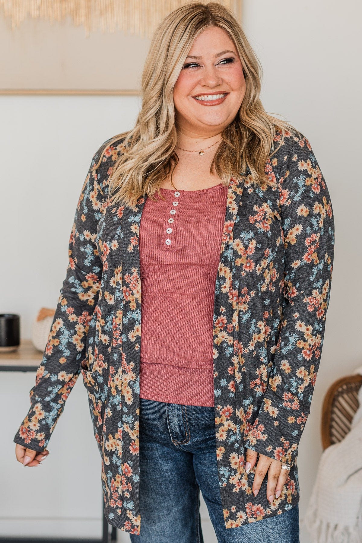 Fate Would Have It Floral Cardigan- Charcoal - Image 2