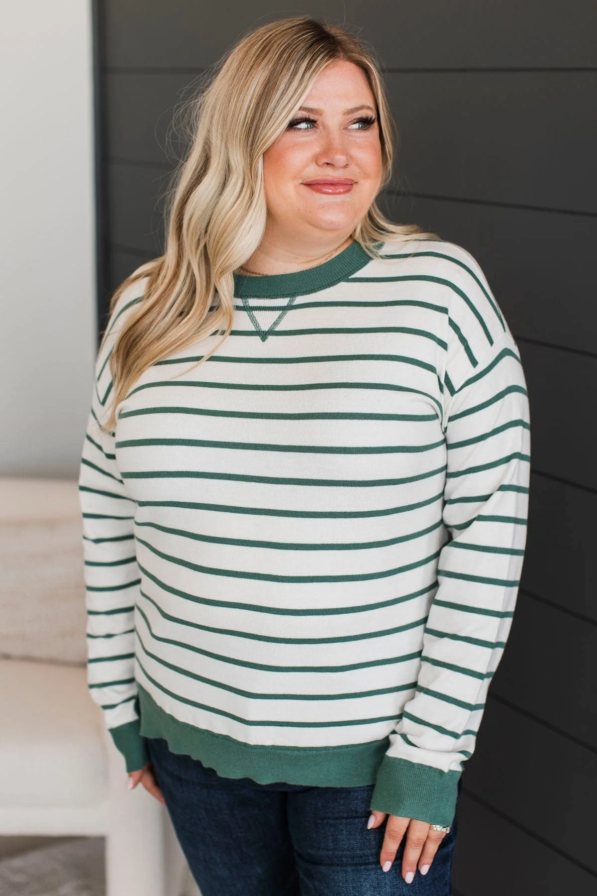 Favorite Moments Striped Sweater- White & Spruce - Image 3