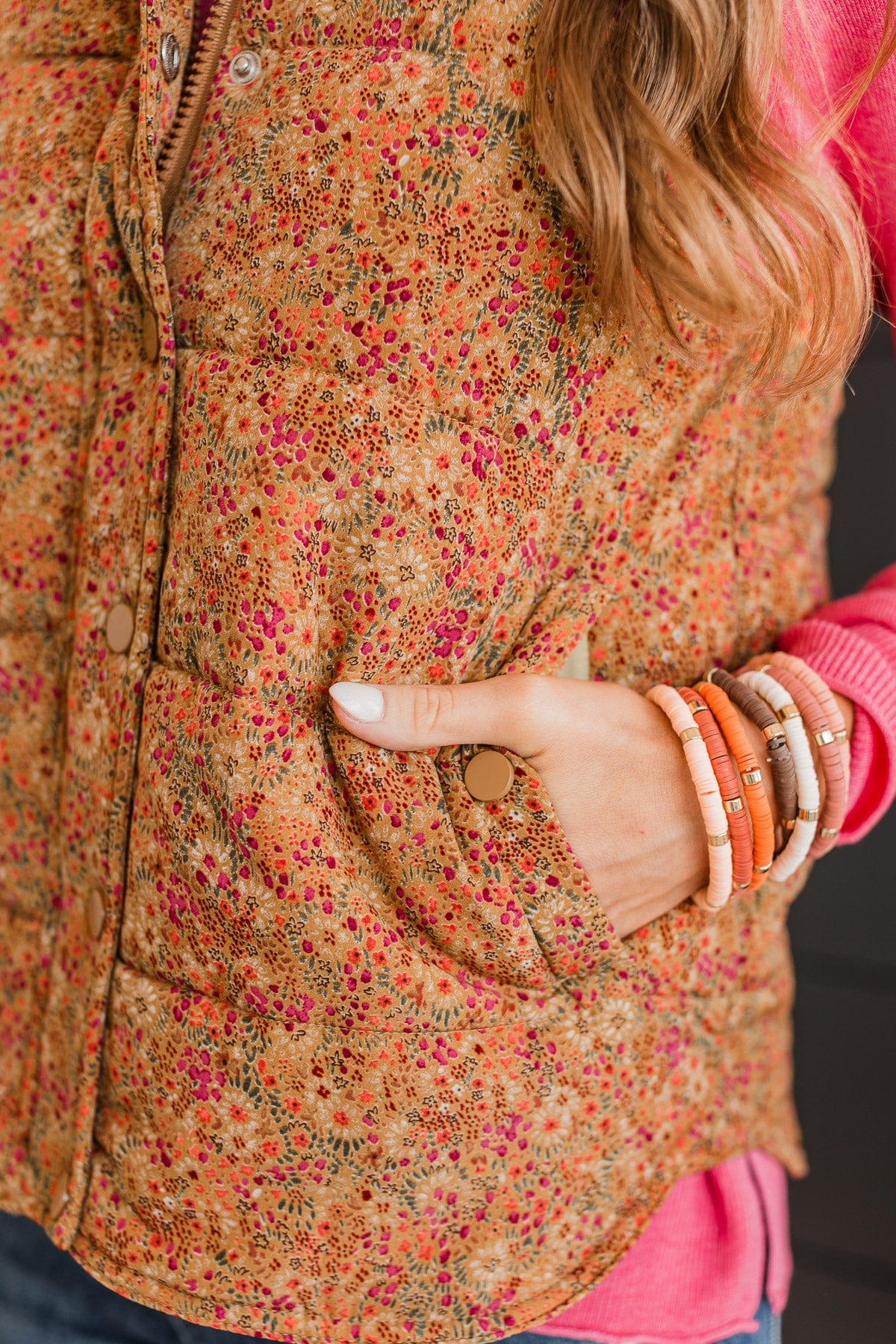 Favorite Of All Floral Puffer Vest- Burnt Gold - Image 3
