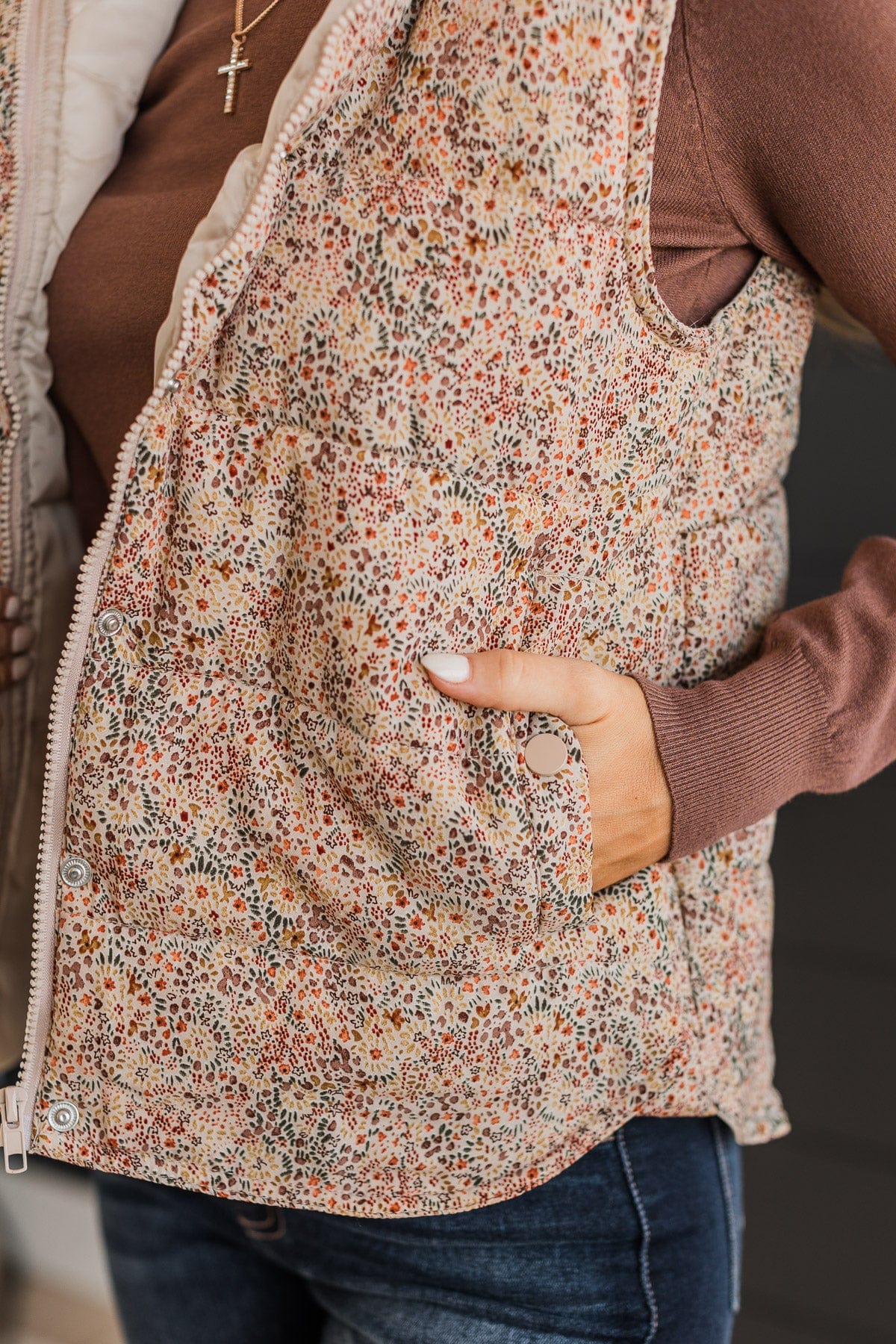 Favorite Of All Floral Puffer Vest- Taupe - Image 3