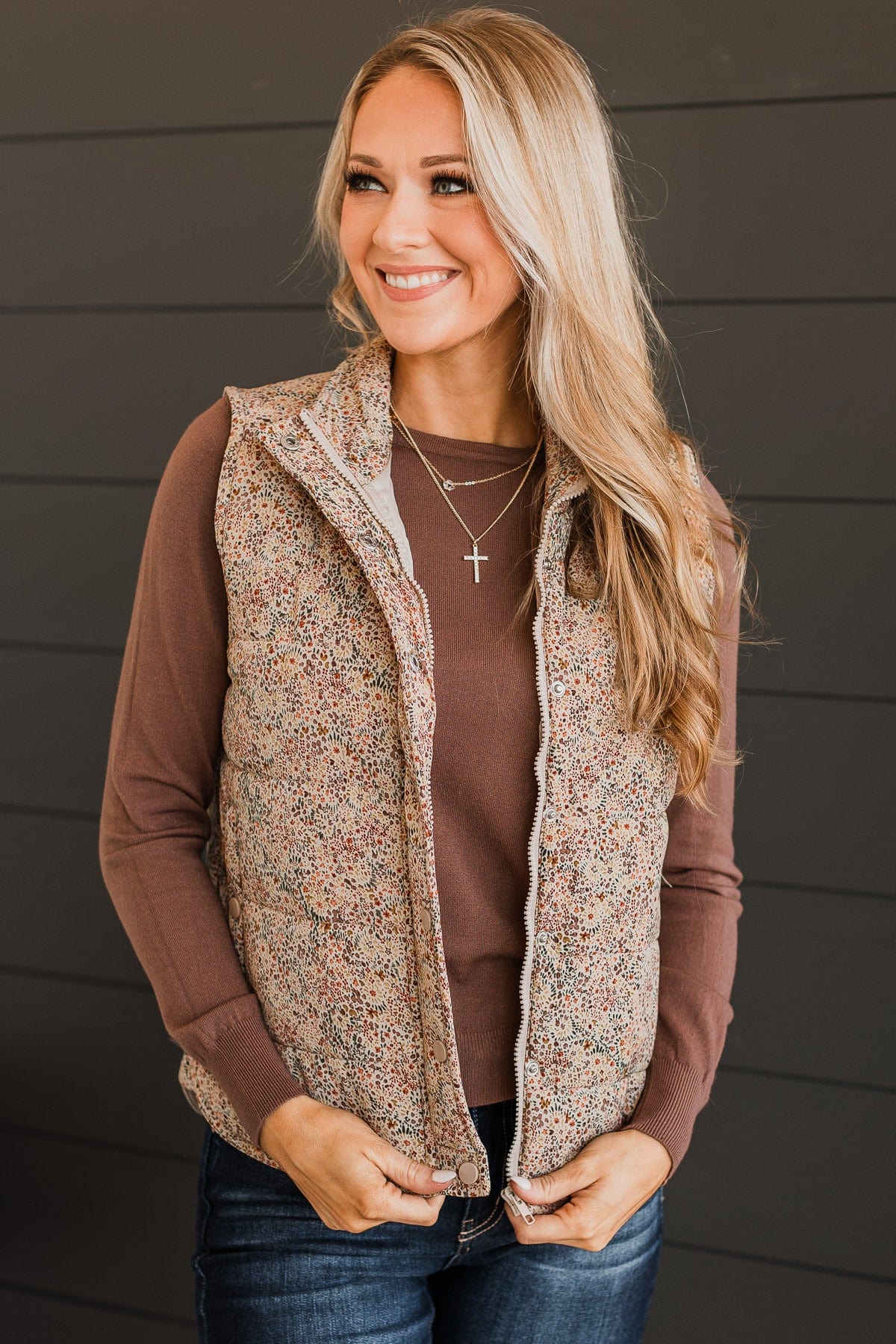 Favorite Of All Floral Puffer Vest- Taupe - Image 5