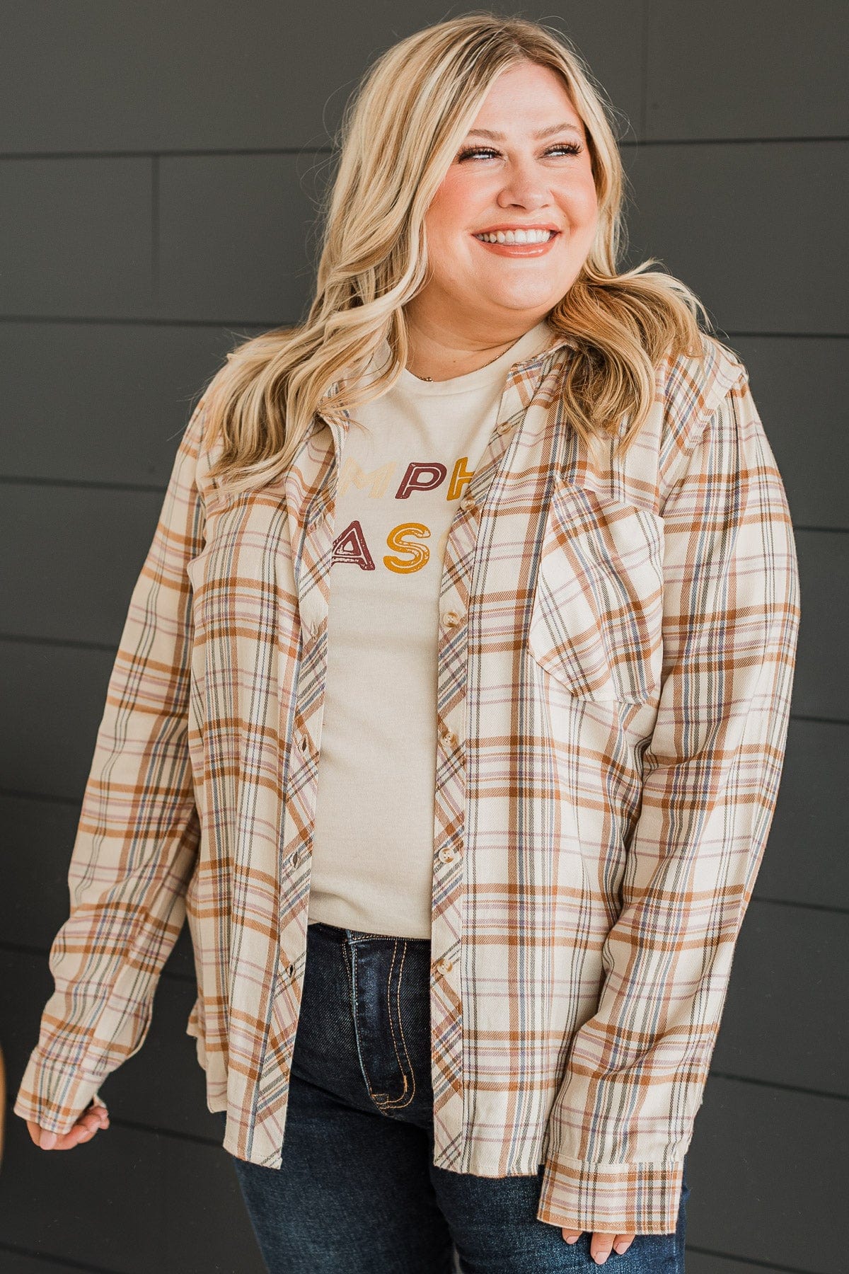 Favorite View Plaid Button Top- Cream