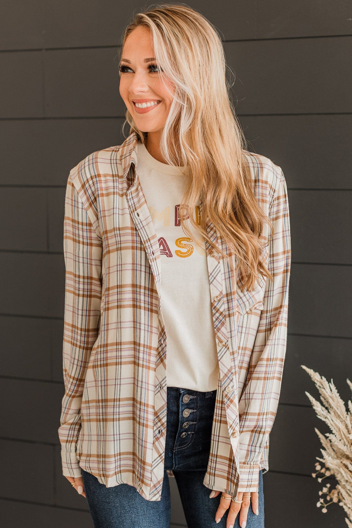 Favorite View Plaid Button Top- Cream - Image 4