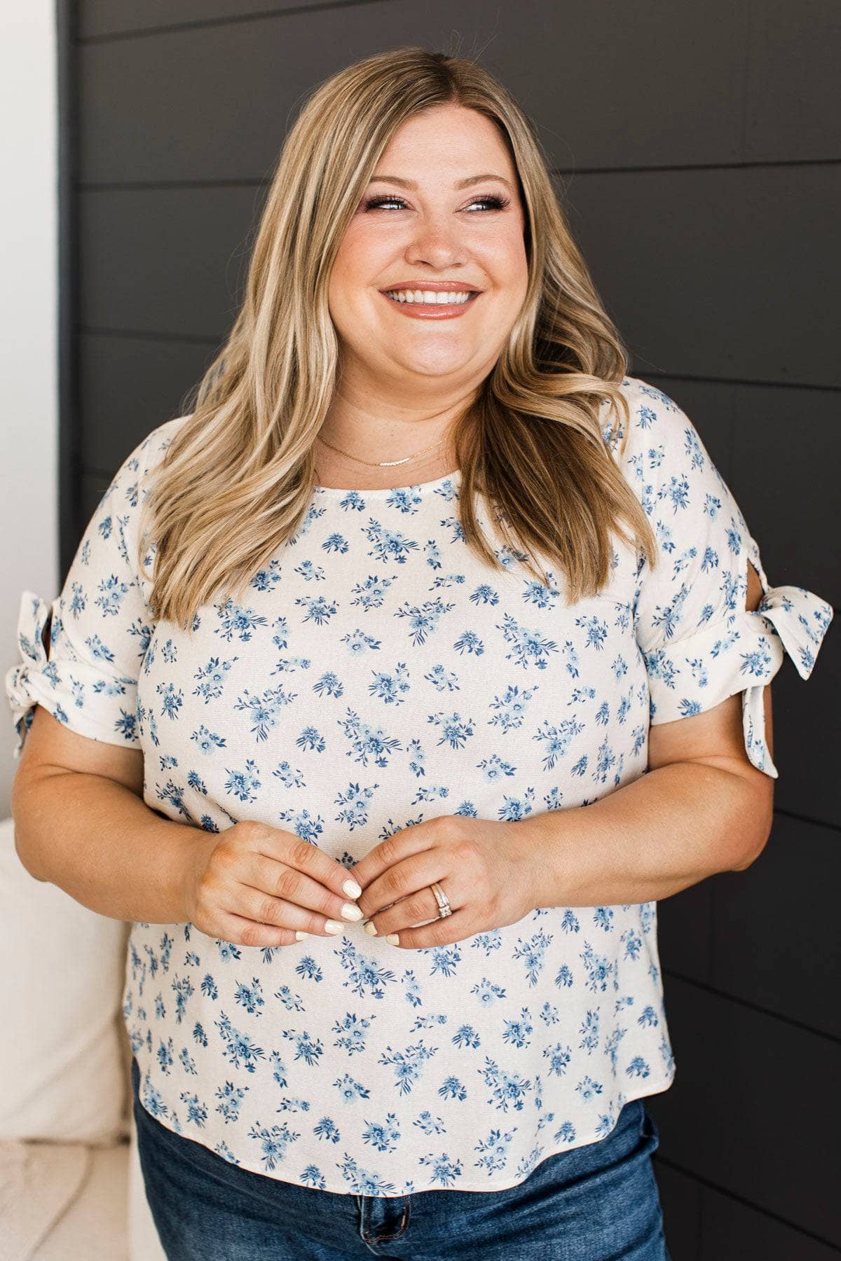 Fawning Over You Floral Top- Ivory & Blue