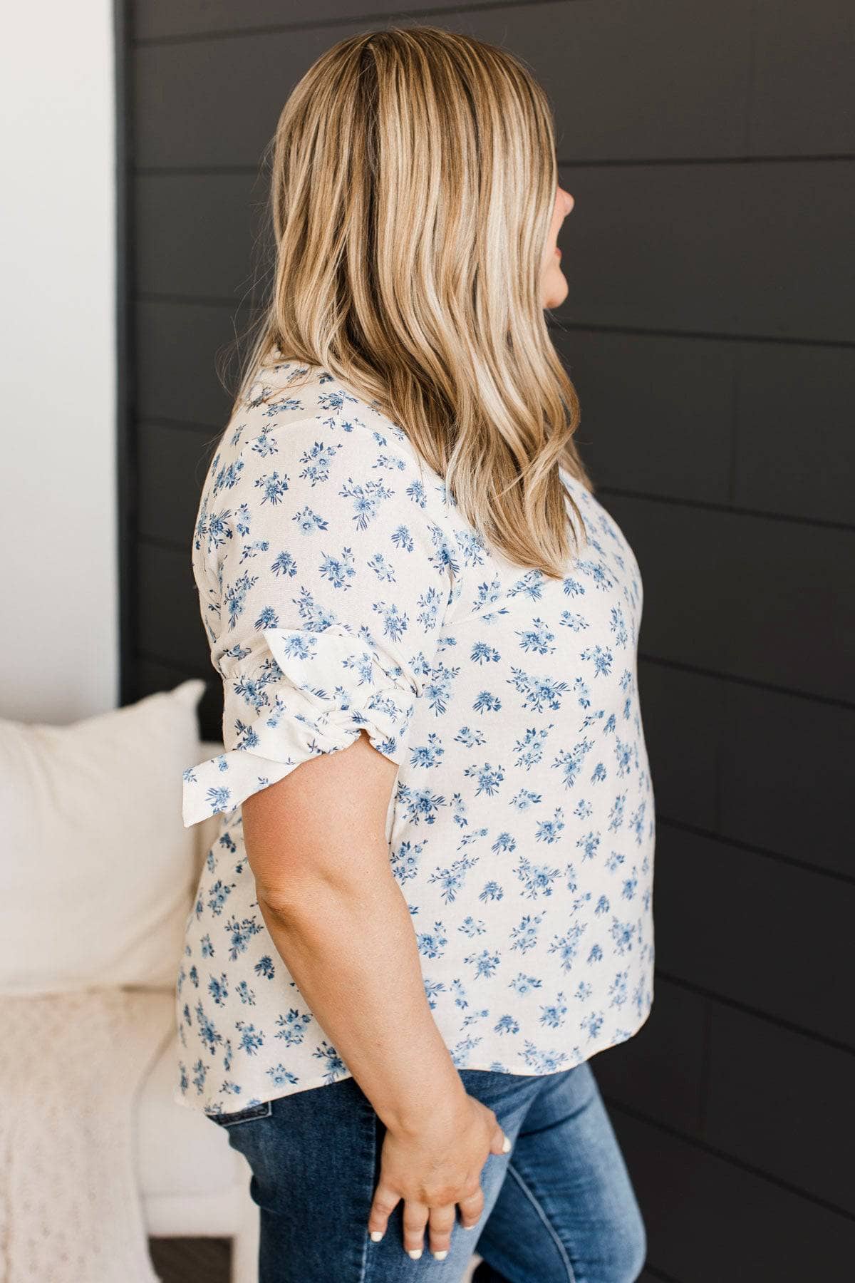 Fawning Over You Floral Top- Ivory & Blue - Image 5