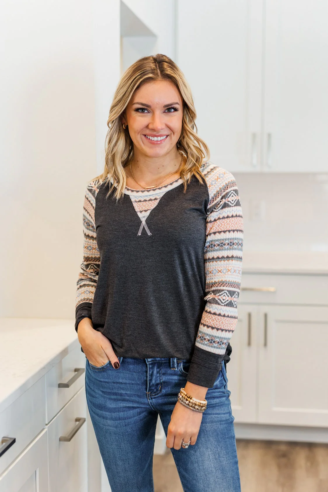 Fearless Looks Aztec Print Top- Charcoal - Image 5