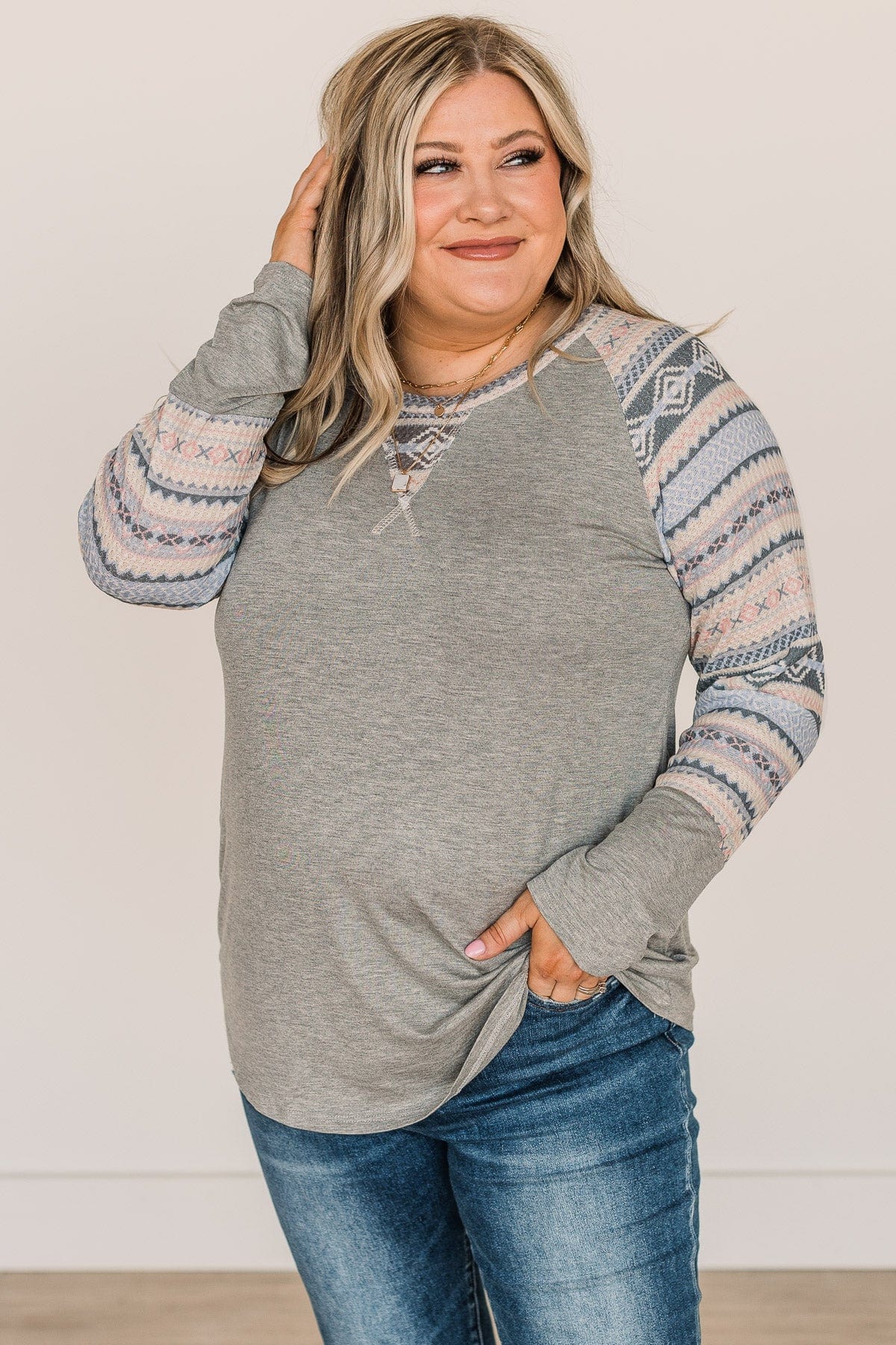 Fearless Looks Aztec Print Top- Heather Grey - Image 4