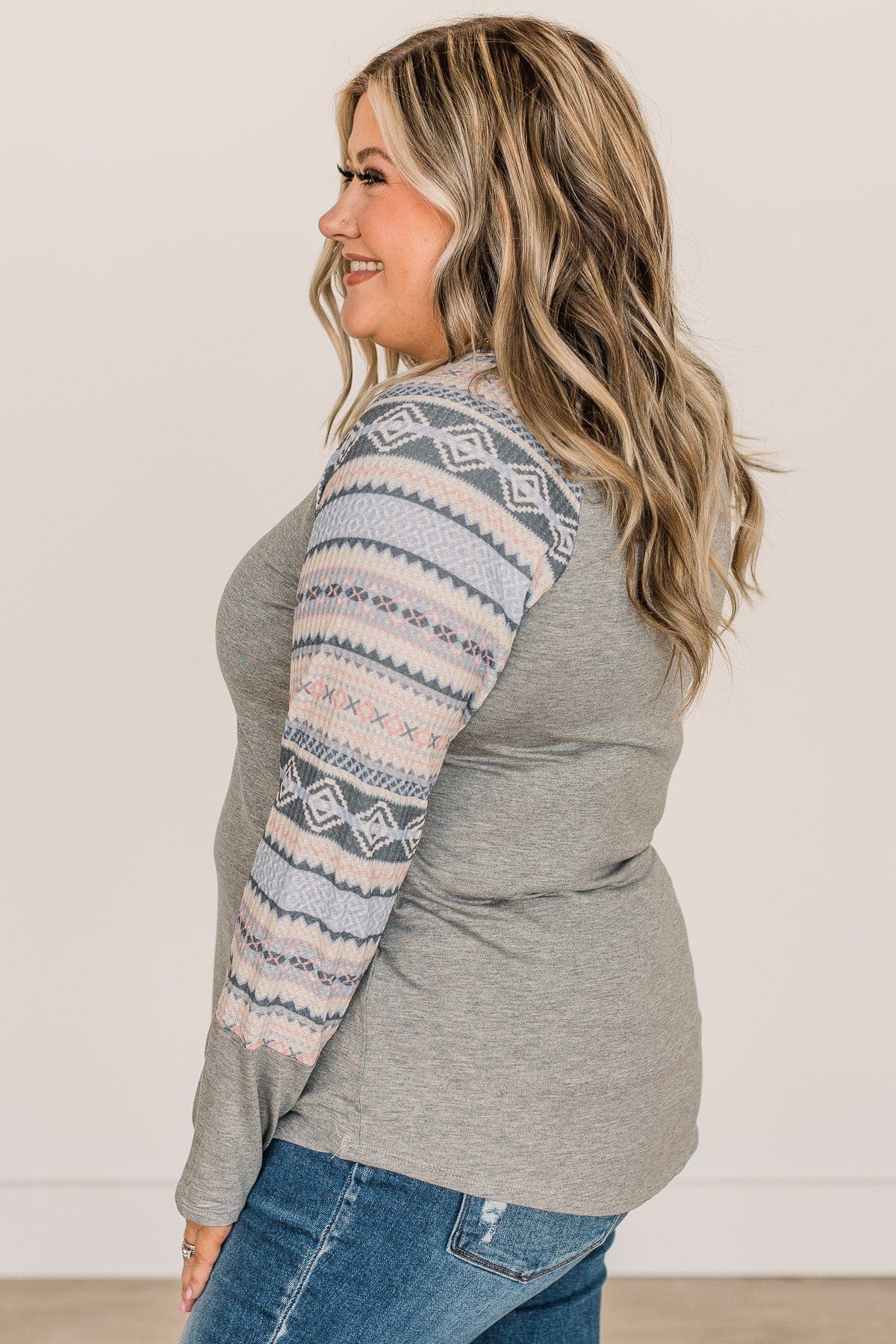 Fearless Looks Aztec Print Top- Heather Grey - Image 6