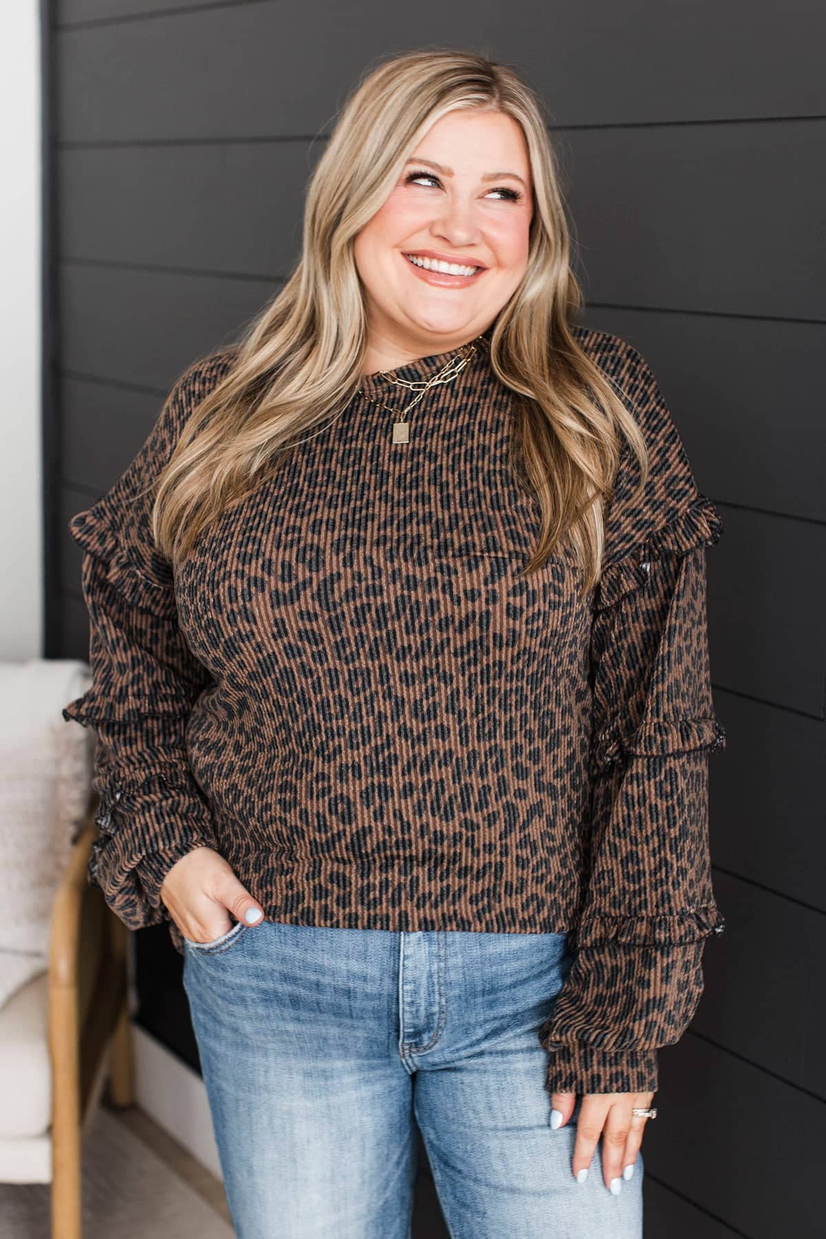 Fearless Soul Animal Print Ruffle Top- Brown - Image 4