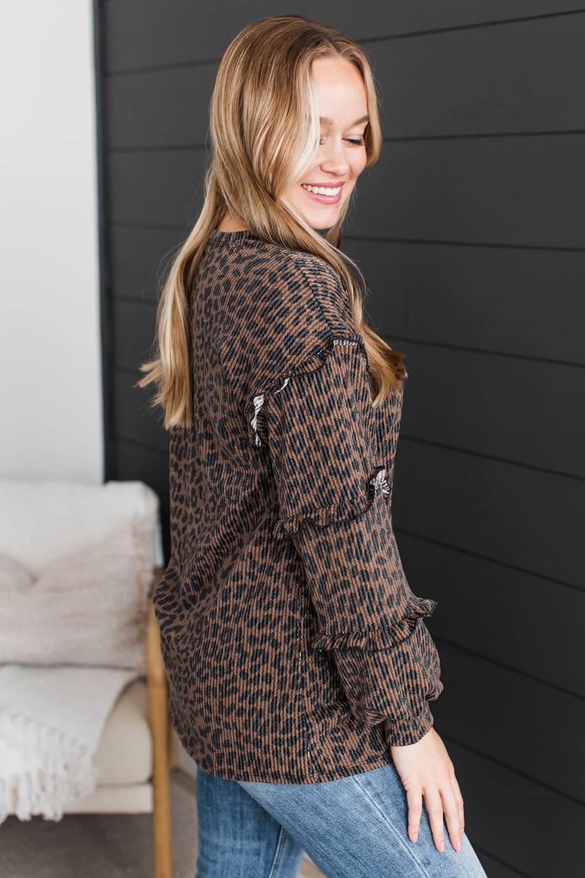 Fearless Soul Animal Print Ruffle Top- Brown - Image 5