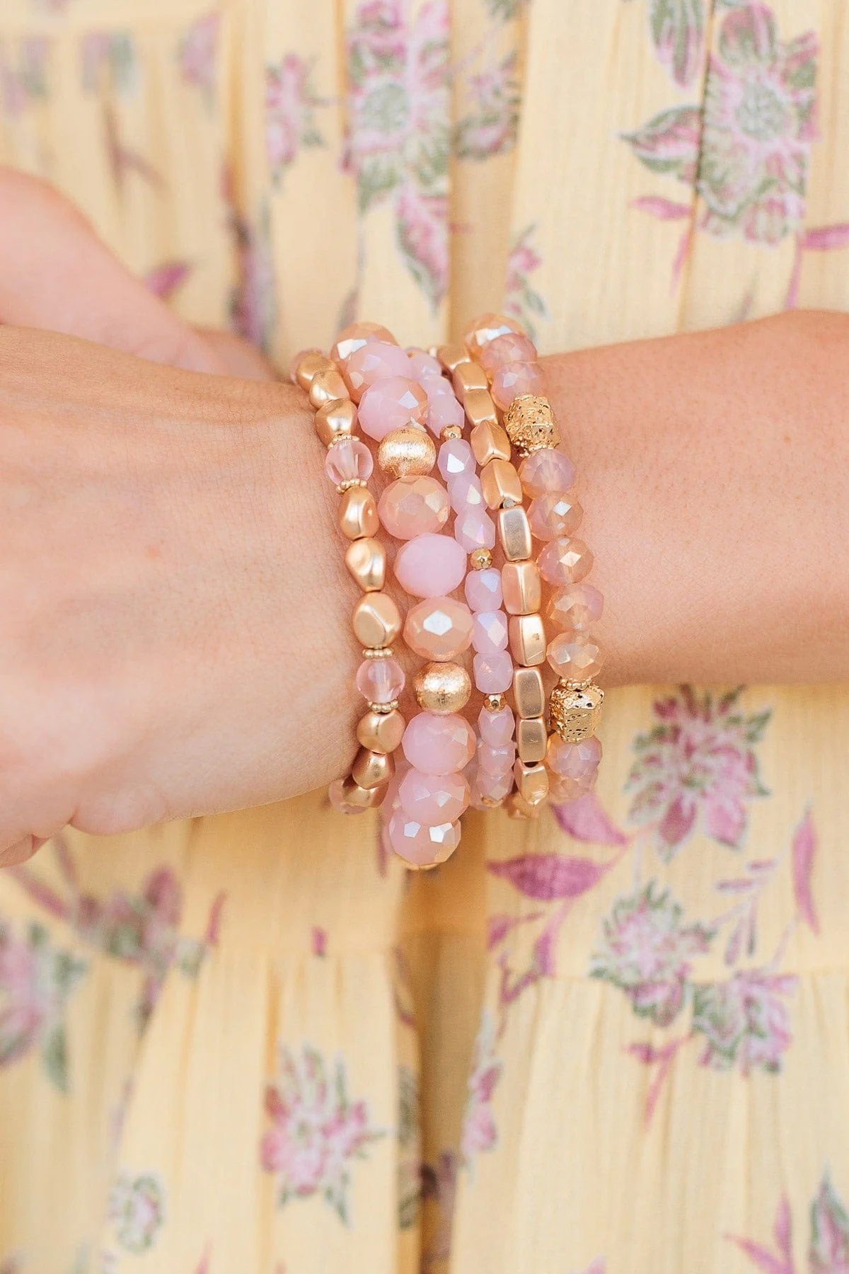 Feel Like A Queen Gold Bracelet Set- Pink - Image 4