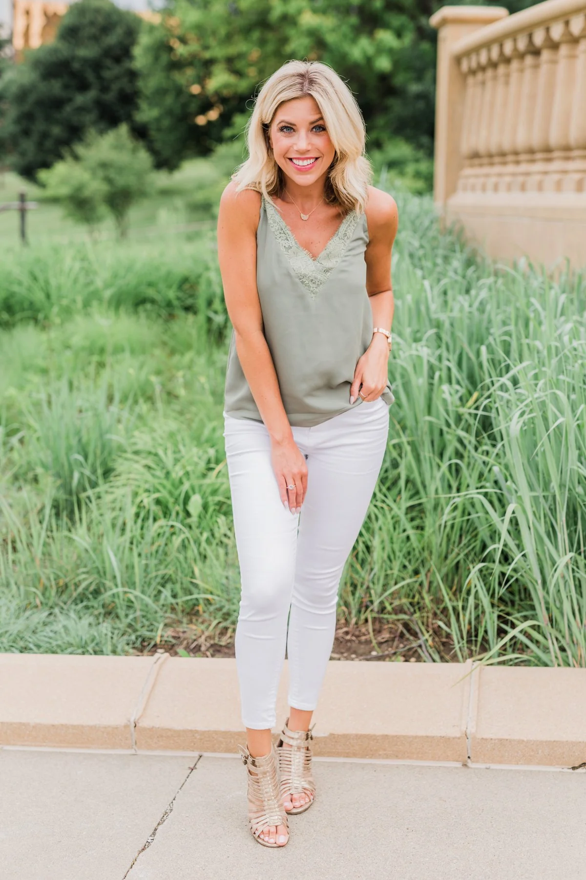 Feel My Love Lace Trimmed Tank Top- Olive - Image 3