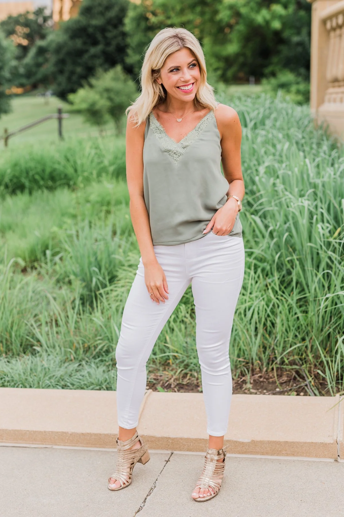 Feel My Love Lace Trimmed Tank Top- Olive - Image 4