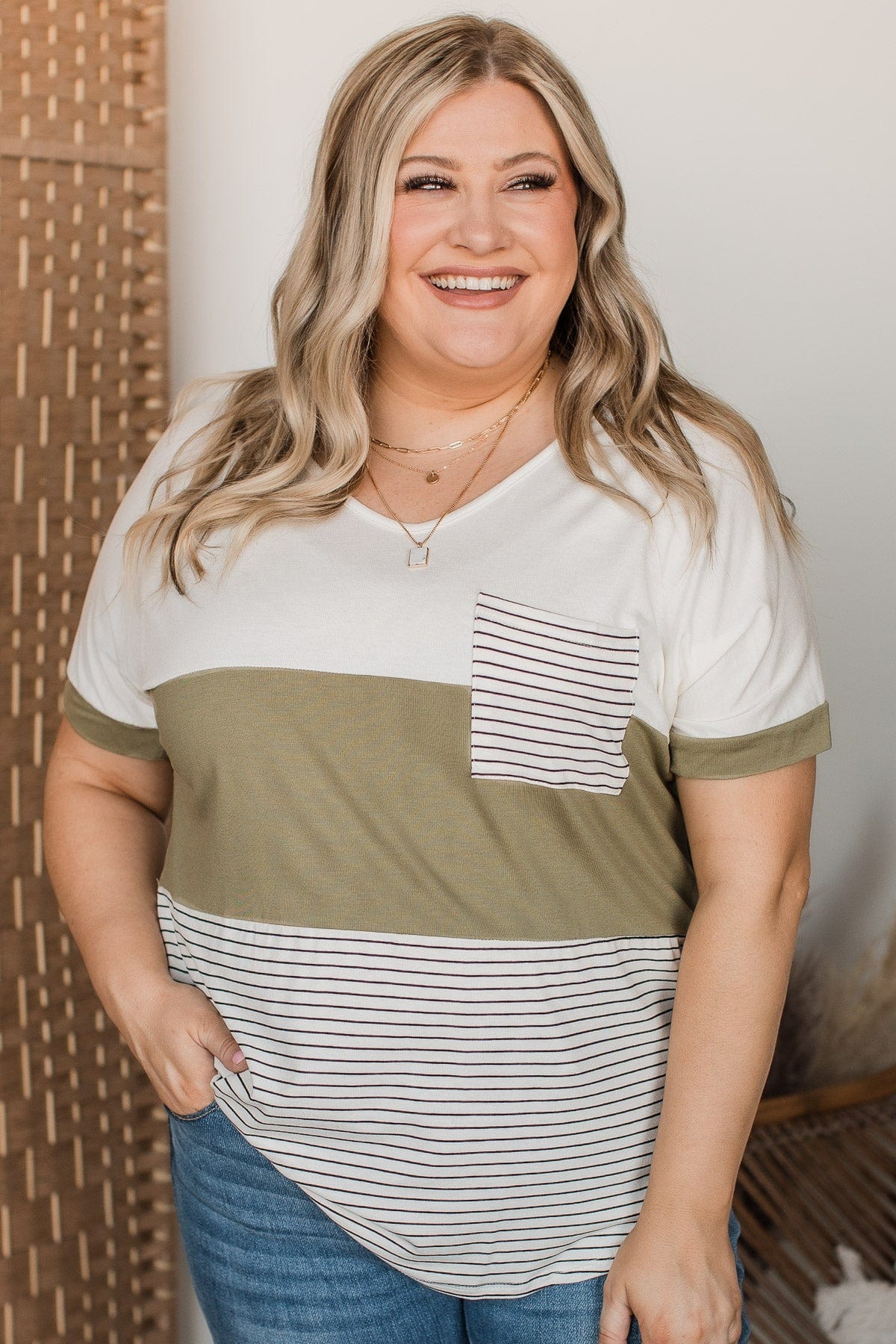Feel The Joy Color Block Top- Off-White & Olive - Image 2