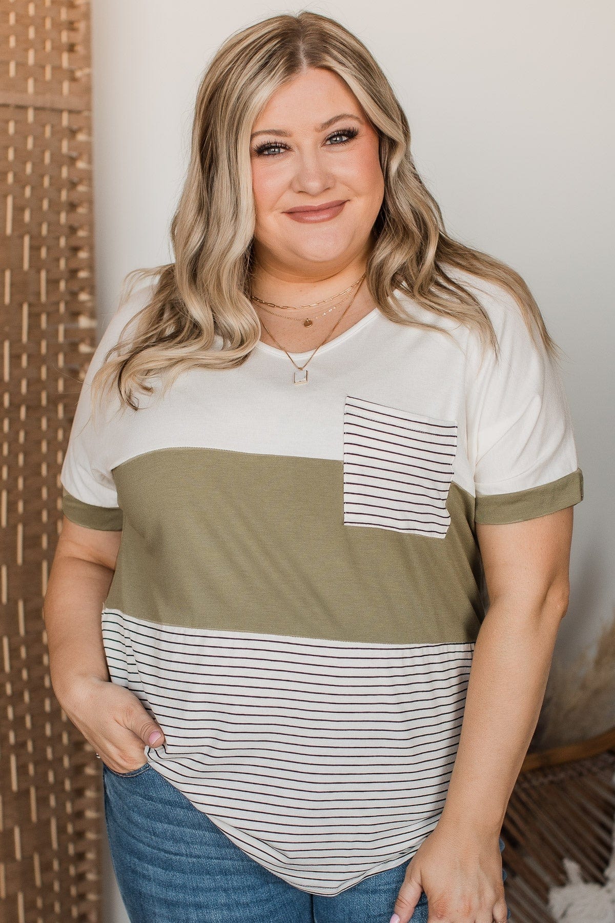 Feel The Joy Color Block Top- Off-White & Olive - Image 3