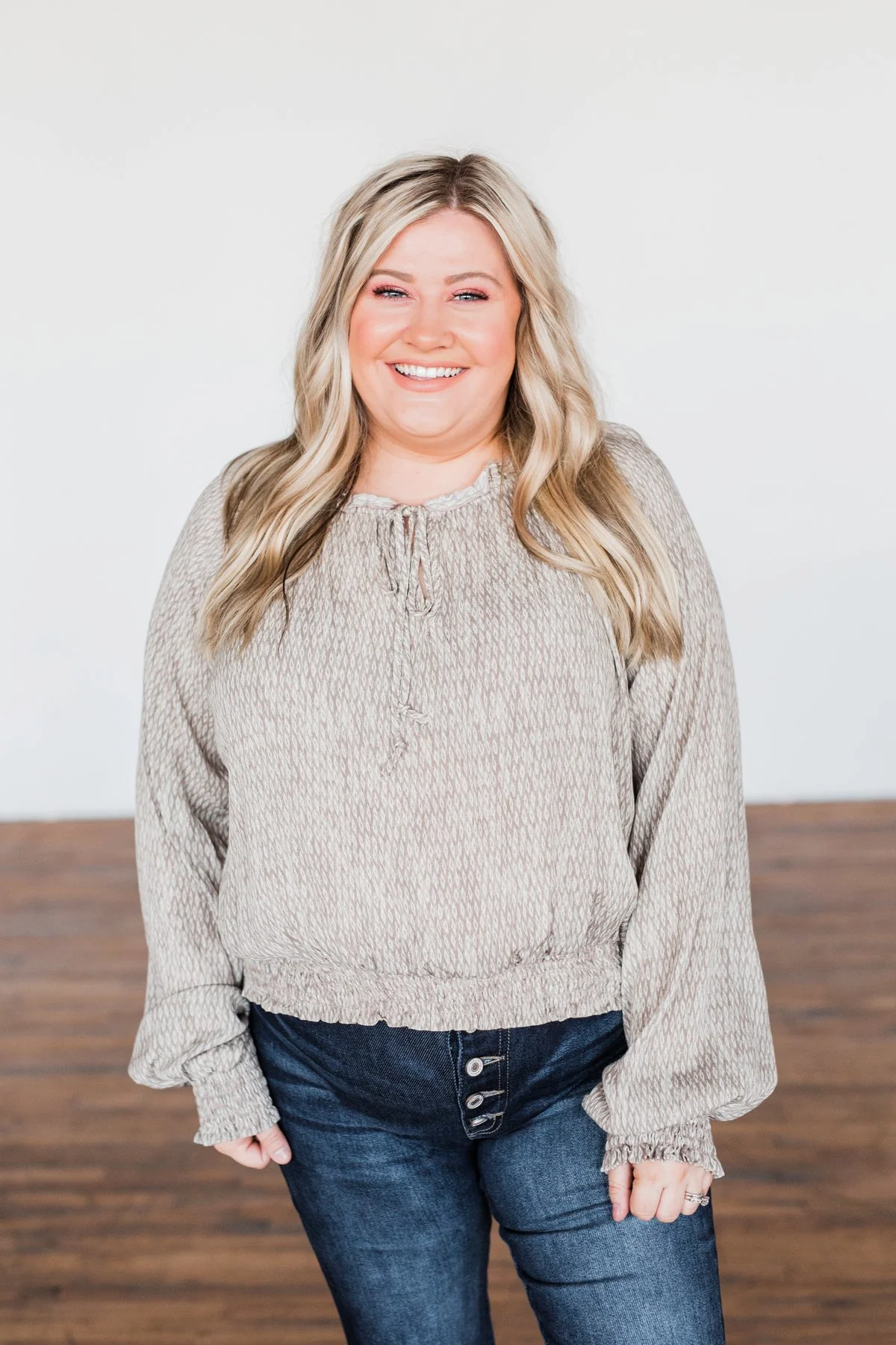 Feel The Love Long Sleeve Printed Top- Taupe & Ivory - Image 2