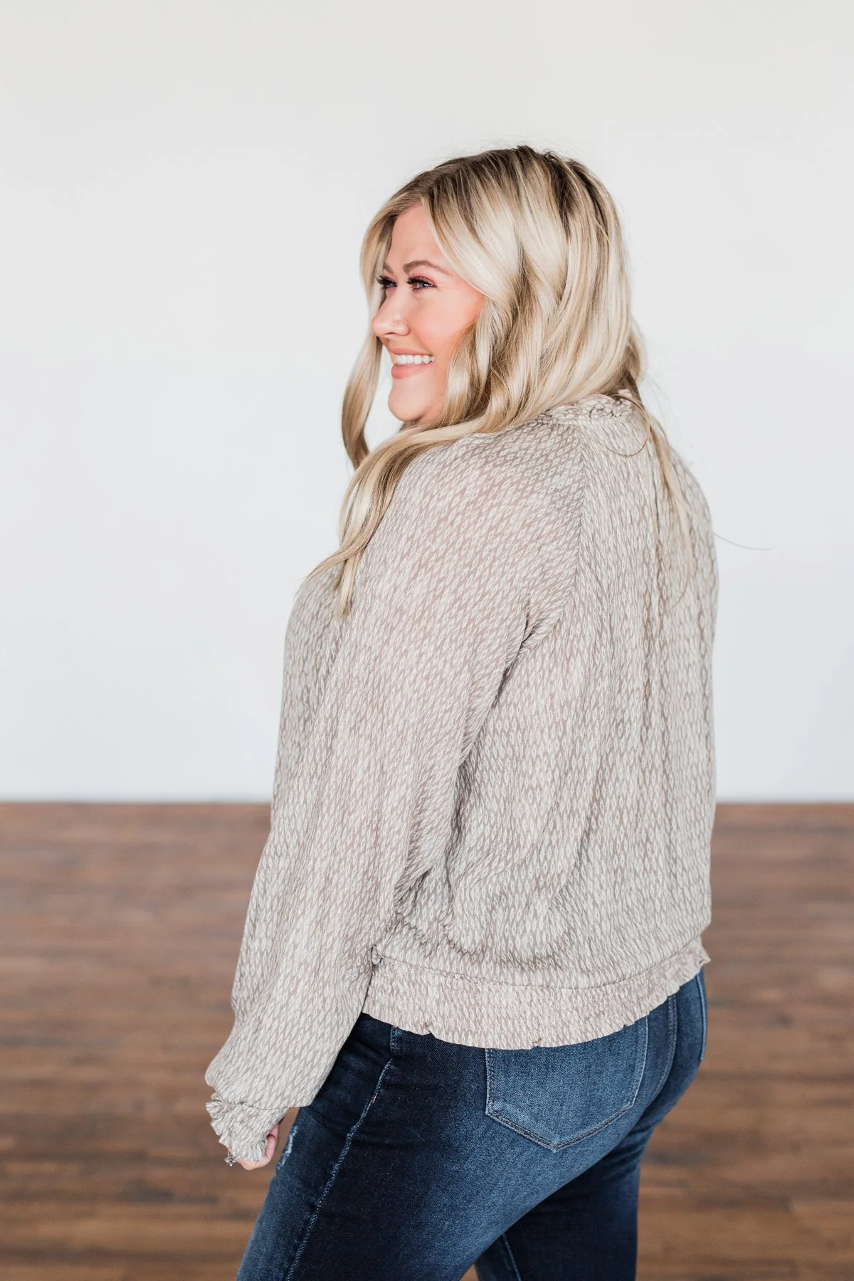 Feel The Love Long Sleeve Printed Top- Taupe & Ivory - Image 6