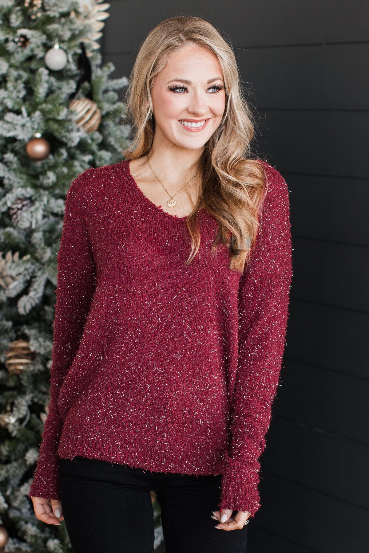 Feel The Spark Knit Sweater- Burgundy - Image 3