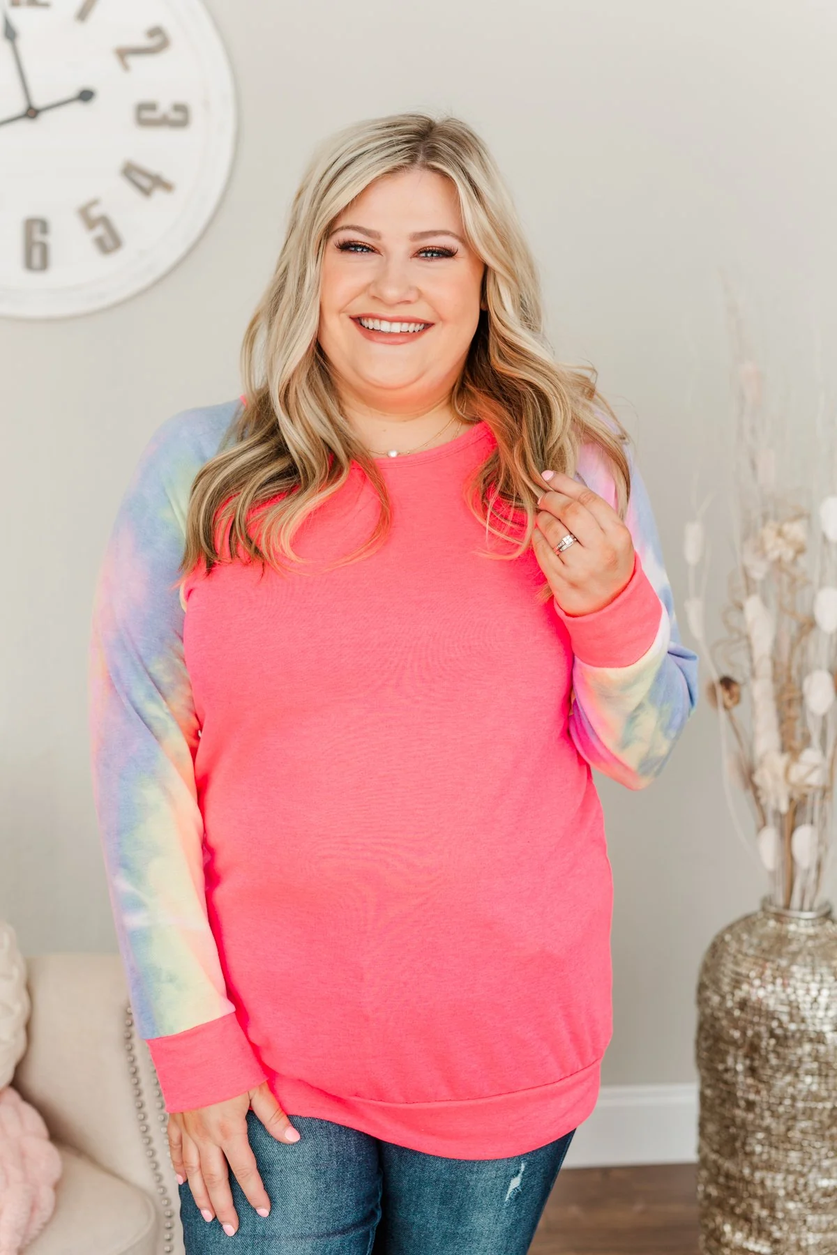 Feel The Sunshine Tie Dye Top- Neon Pink & Multi-Color - Image 2