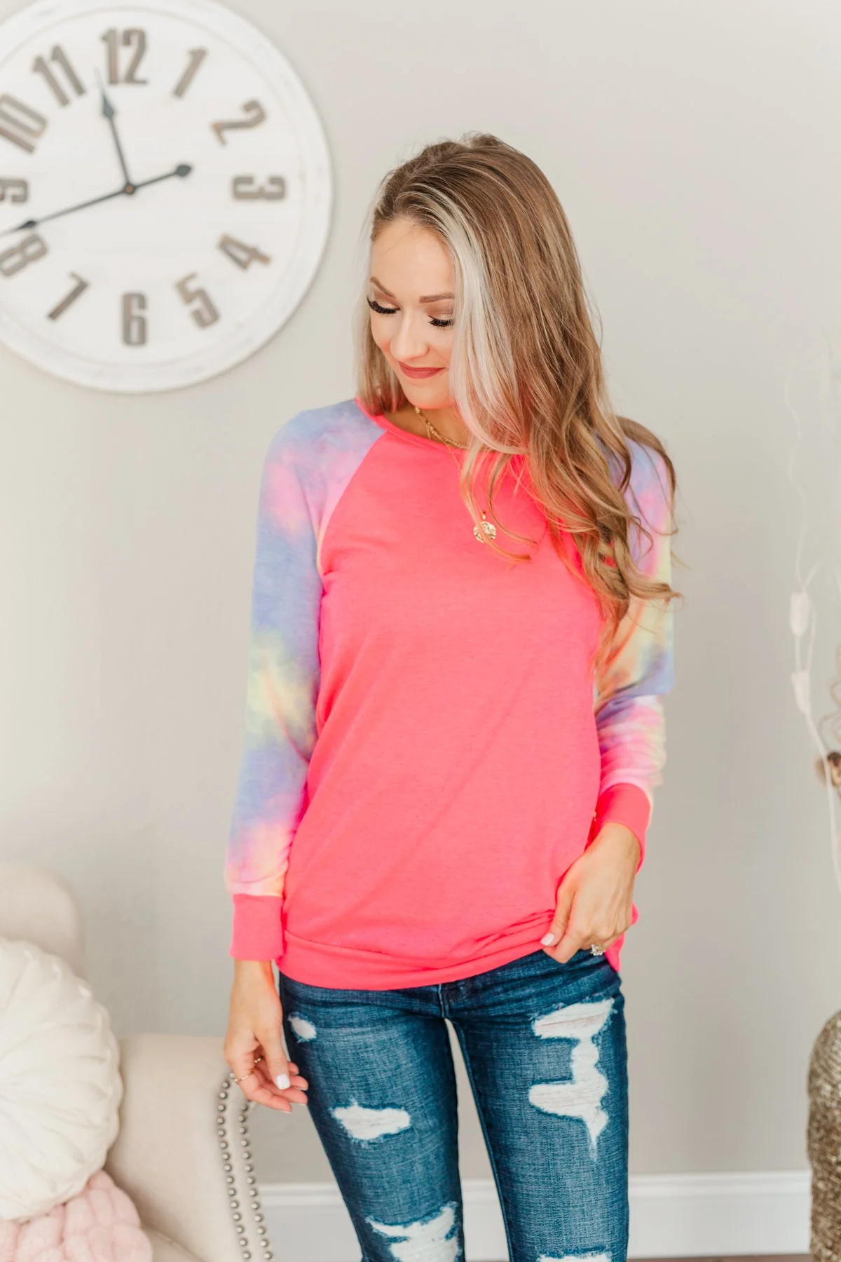 Feel The Sunshine Tie Dye Top- Neon Pink & Multi-Color - Image 3