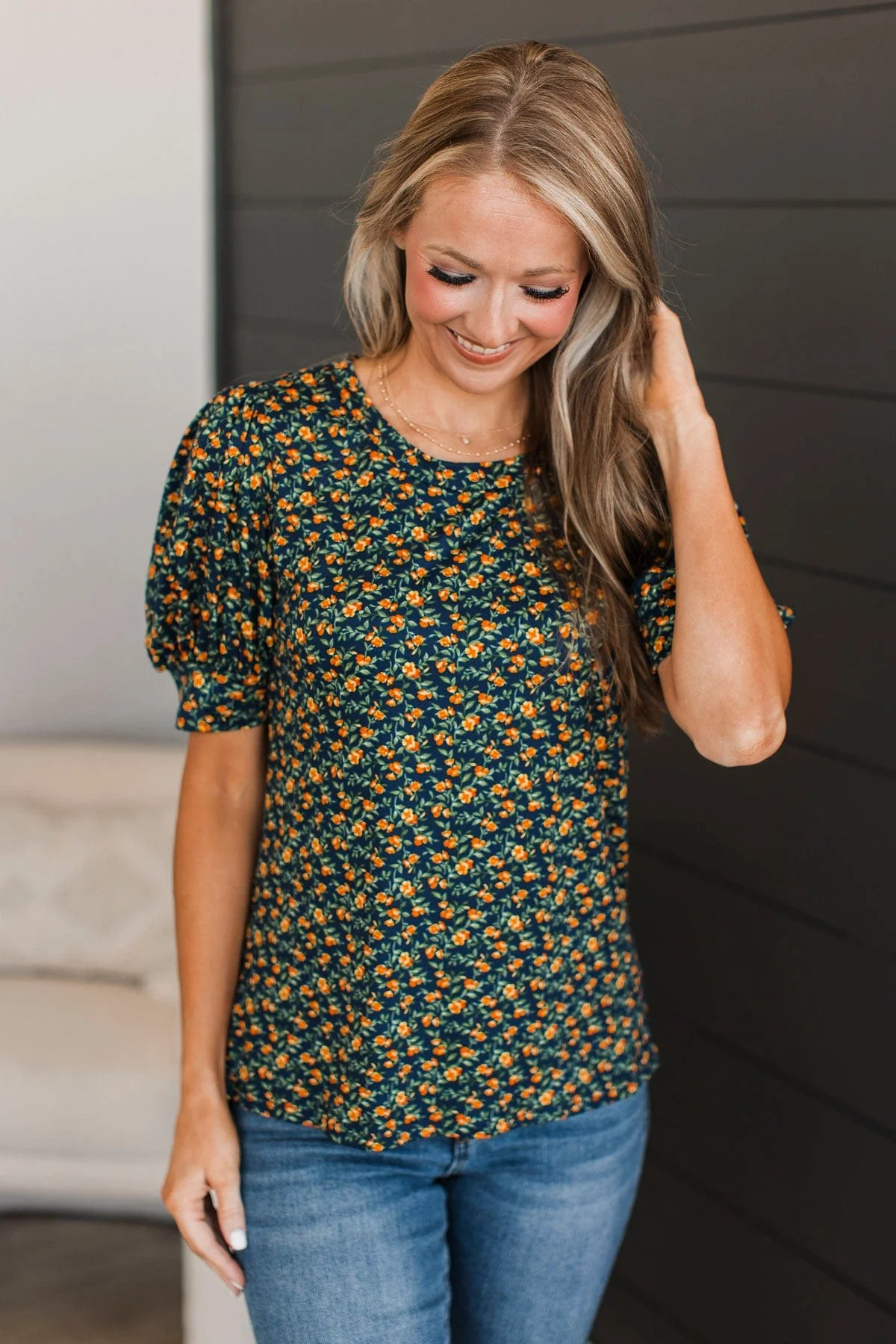 Feel You Close Floral Puff Sleeve Top- Navy - Image 4