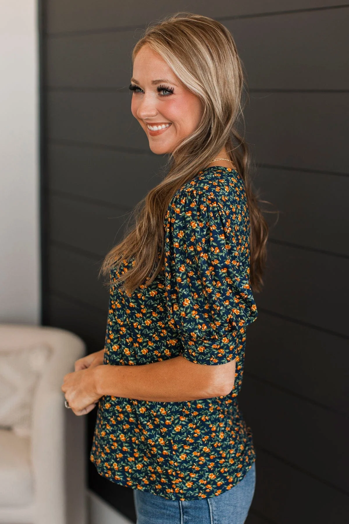 Feel You Close Floral Puff Sleeve Top- Navy - Image 6