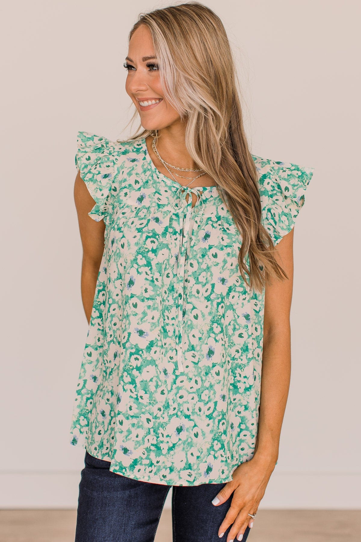 Feel Your Love Floral Blouse- Green & Ivory - Image 4