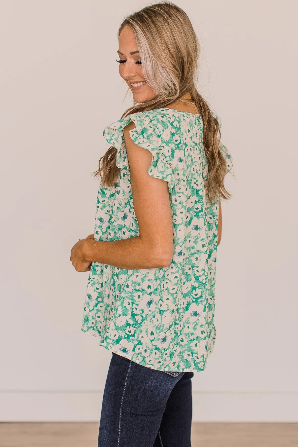 Feel Your Love Floral Blouse- Green & Ivory - Image 6