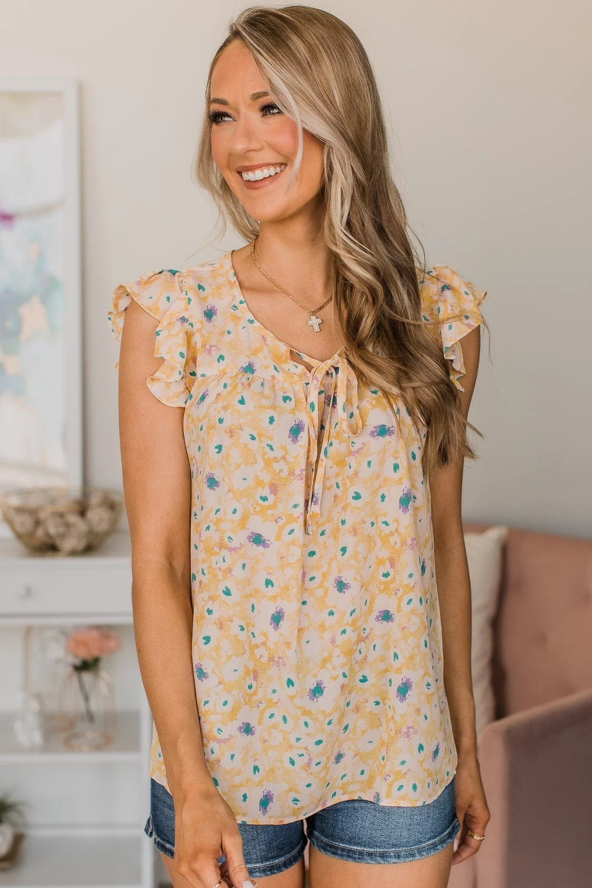 Feel Your Love Floral Blouse- Yellow & Ivory - Image 3