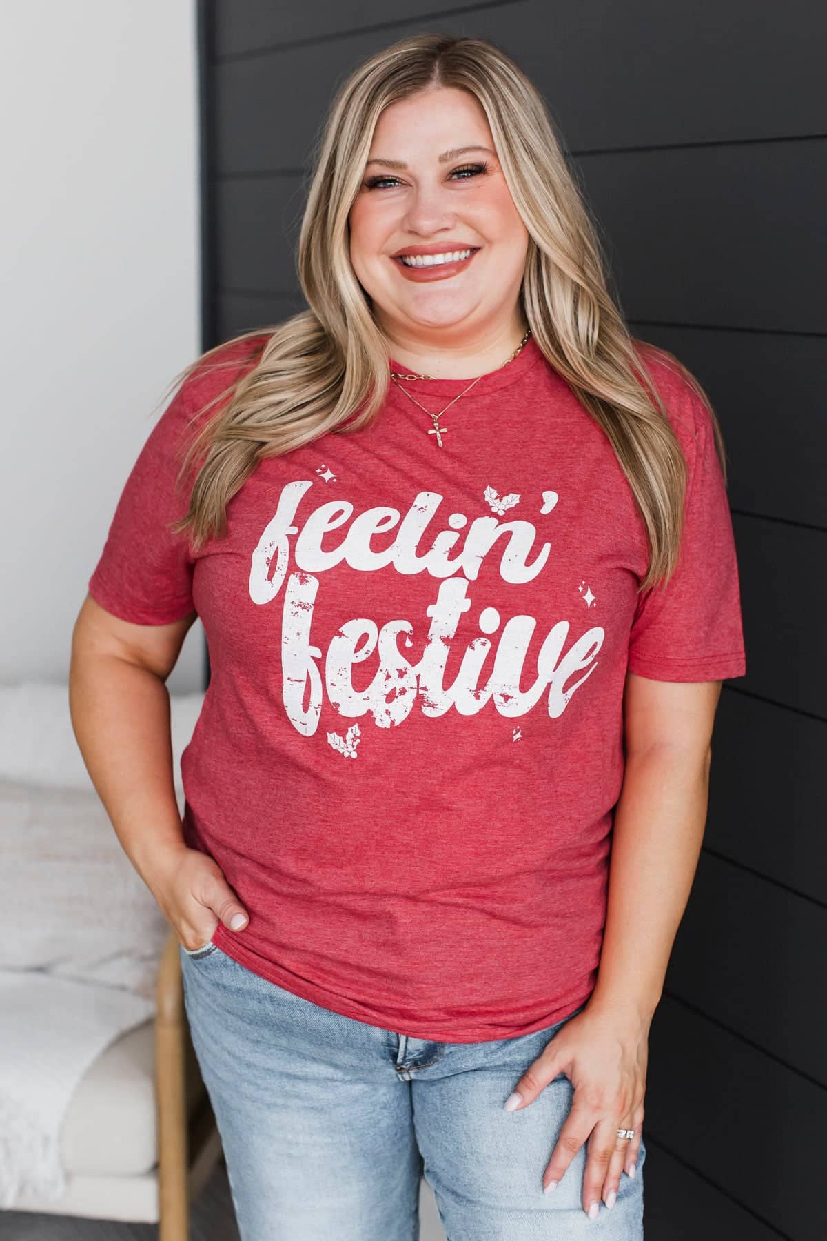 "Feelin' Festive" Graphic Tee- Heather Red