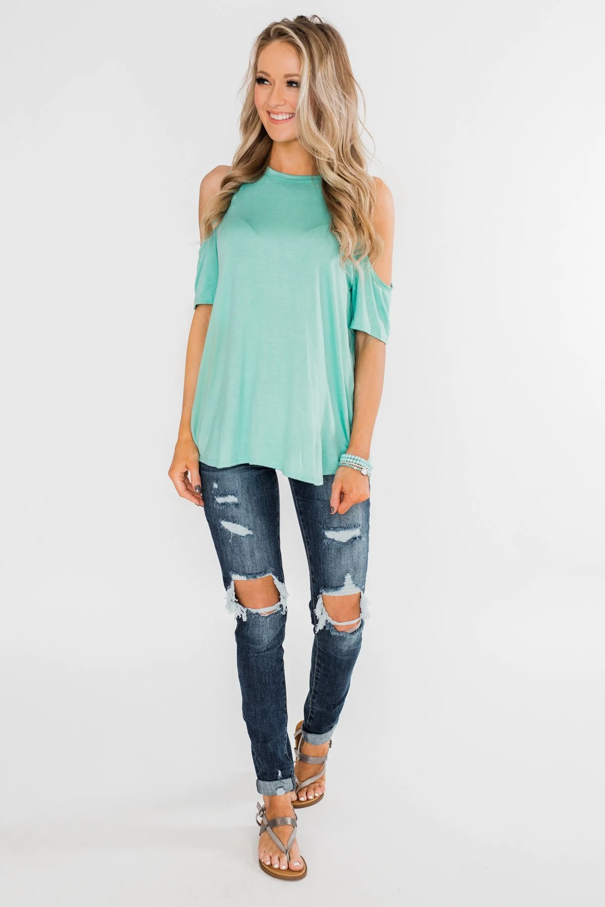 Feeling Alive Cold Shoulder Top- Aqua - Image 11
