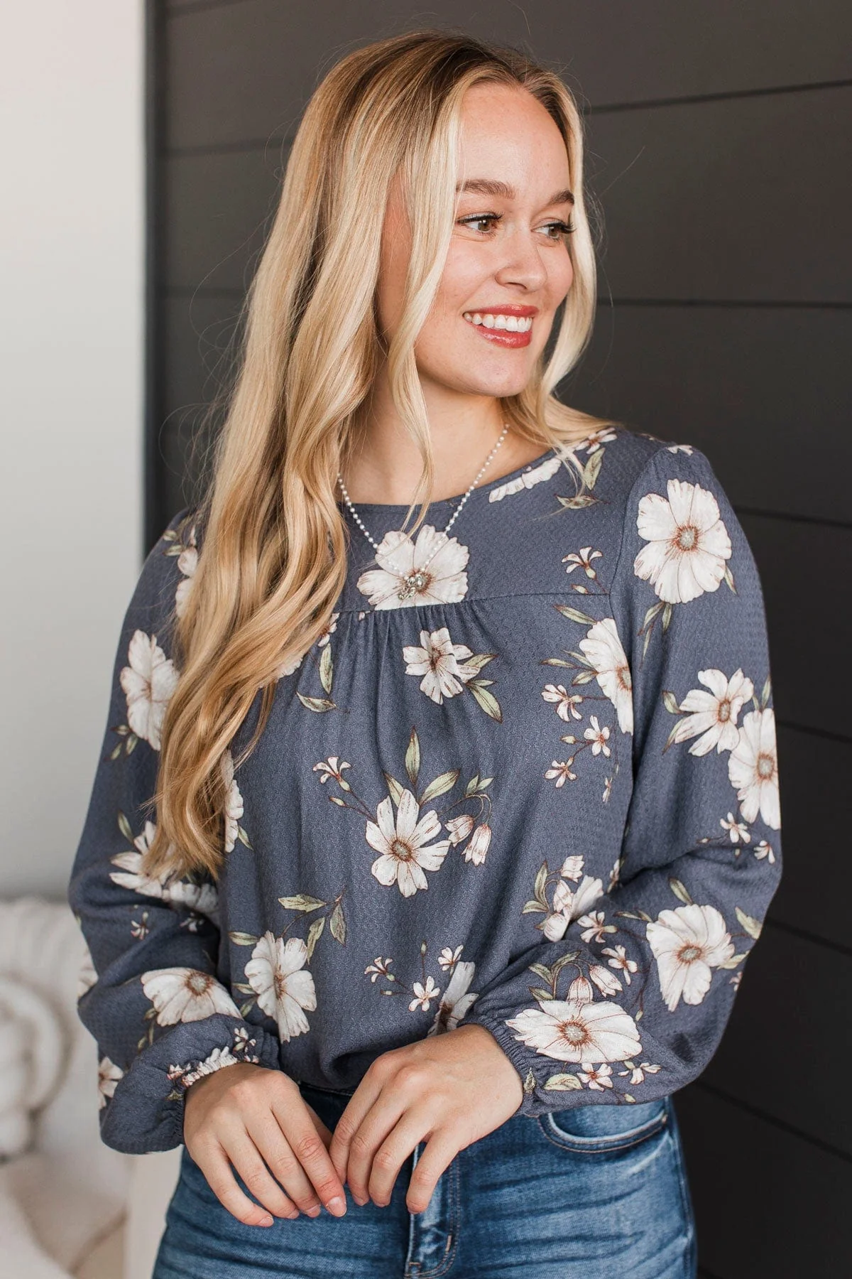 Feeling Amazing Floral Top- Dark Slate Blue - Image 3
