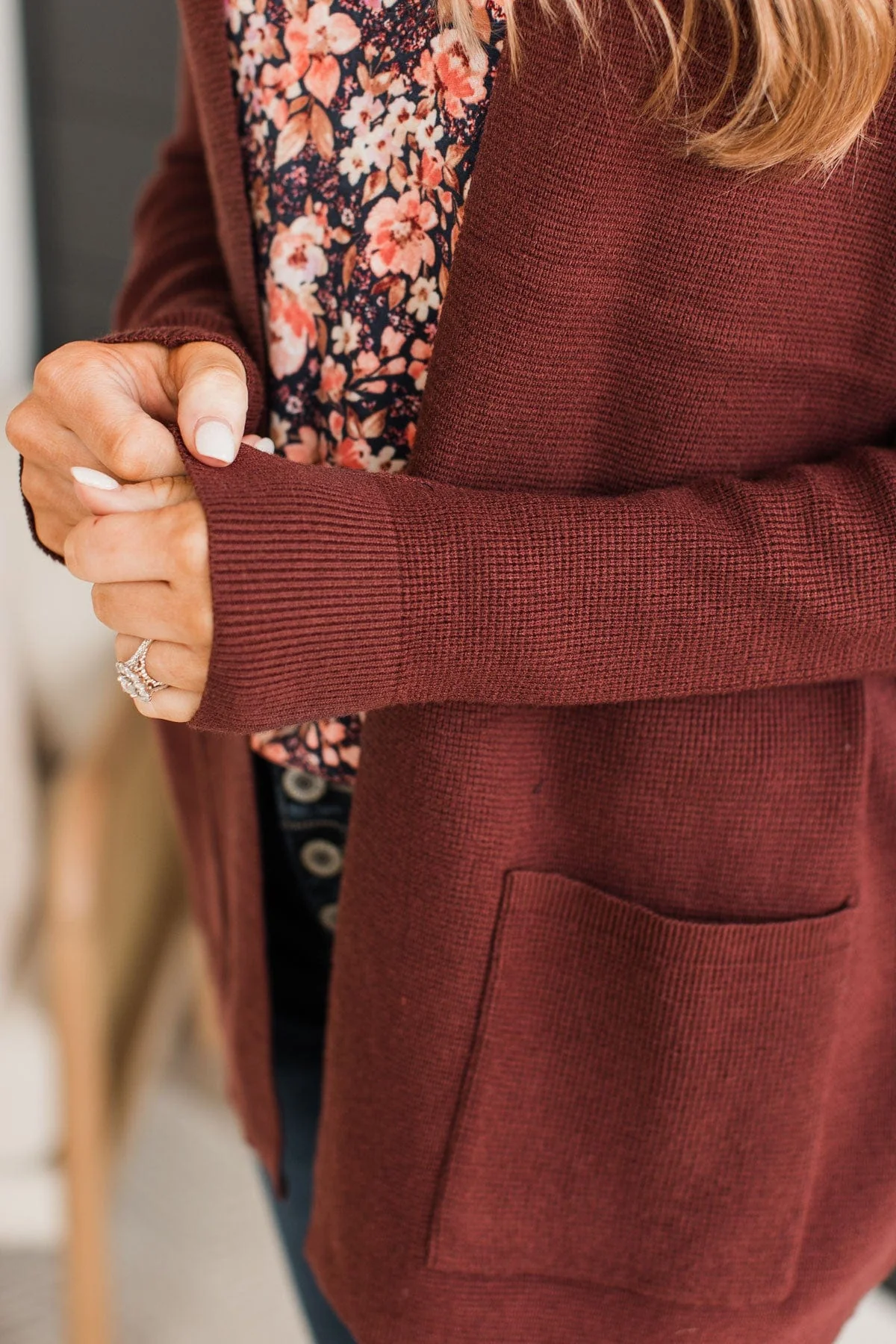 Feeling Blissful Waffle Knit Cardigan- Dark Brown - Image 3