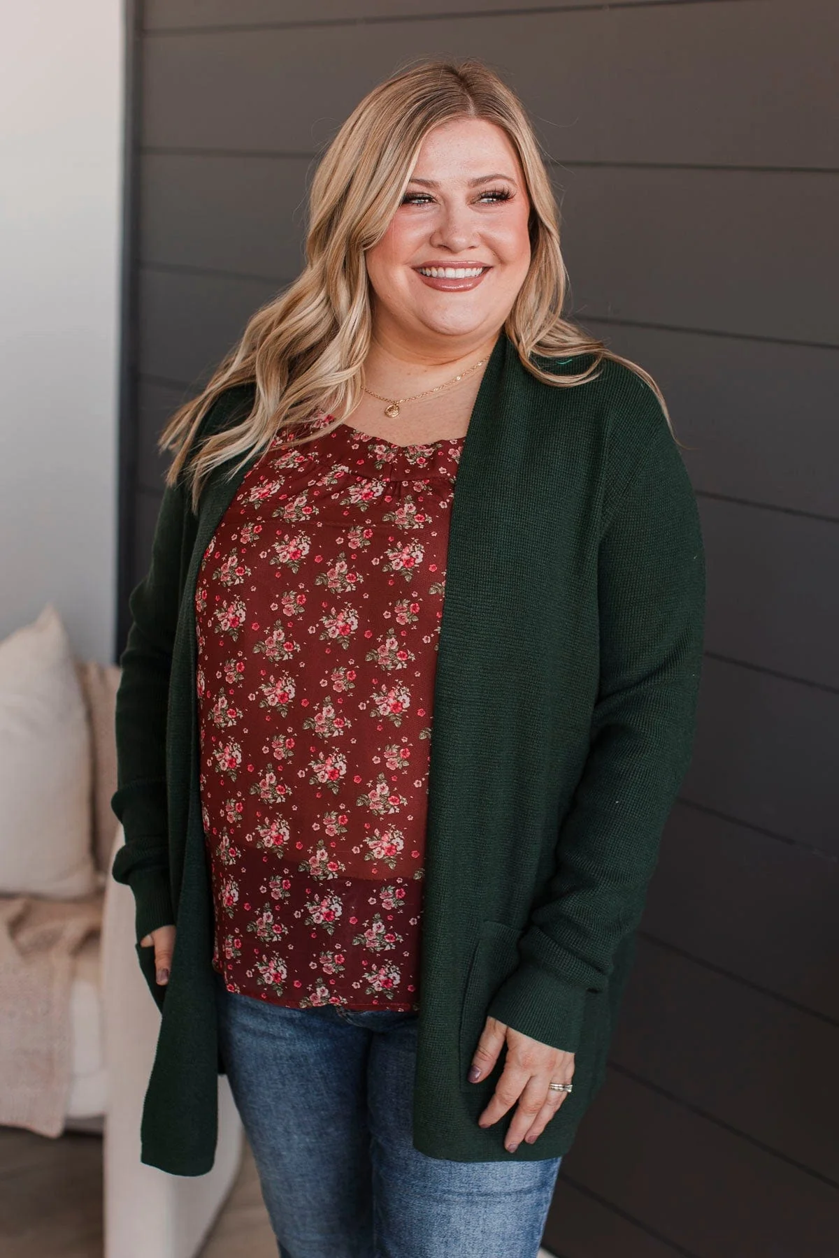 Feeling Blissful Waffle Knit Cardigan- Forest Green - Image 2