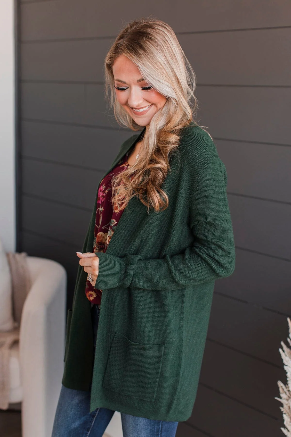 Feeling Blissful Waffle Knit Cardigan- Forest Green - Image 3