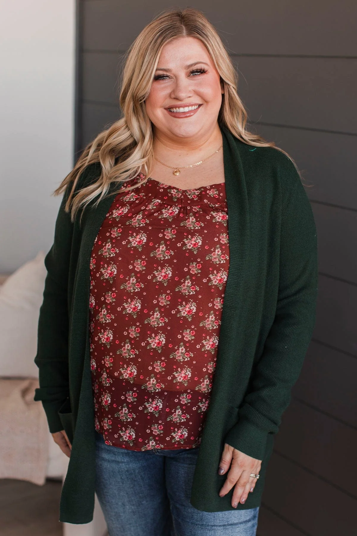 Feeling Blissful Waffle Knit Cardigan- Forest Green - Image 4