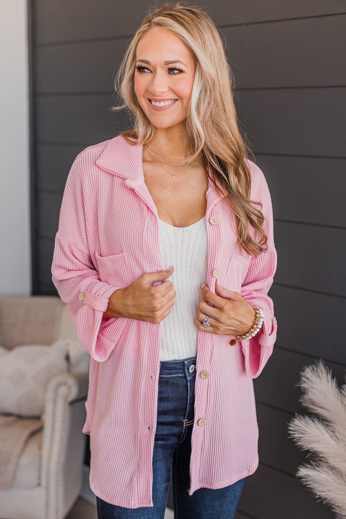 Feeling Bold Ribbed Knit Shirt Jacket- Pink - Image 4