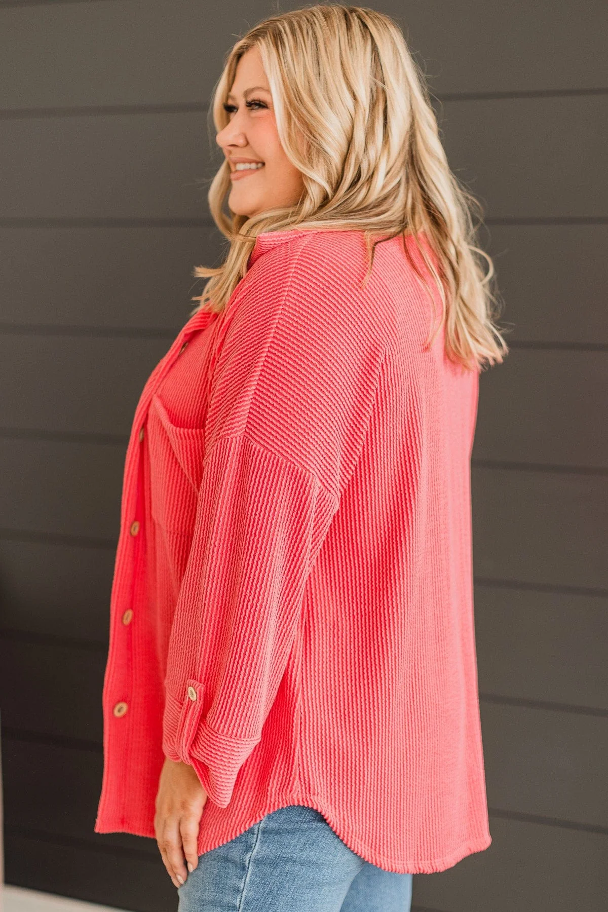 Feeling Bold Ribbed Shirt Jacket- Coral - Image 5