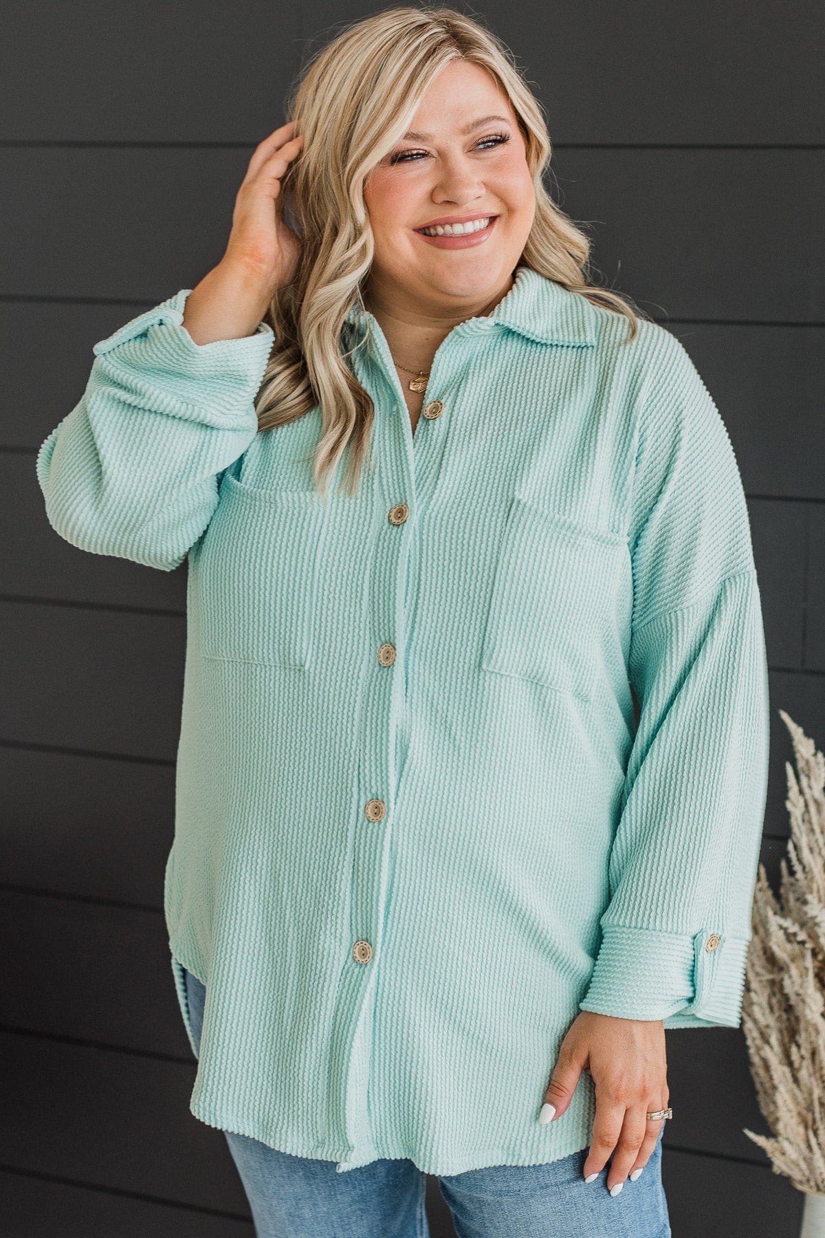 Feeling Bold Ribbed Shirt Jacket- Mint Blue - Image 2