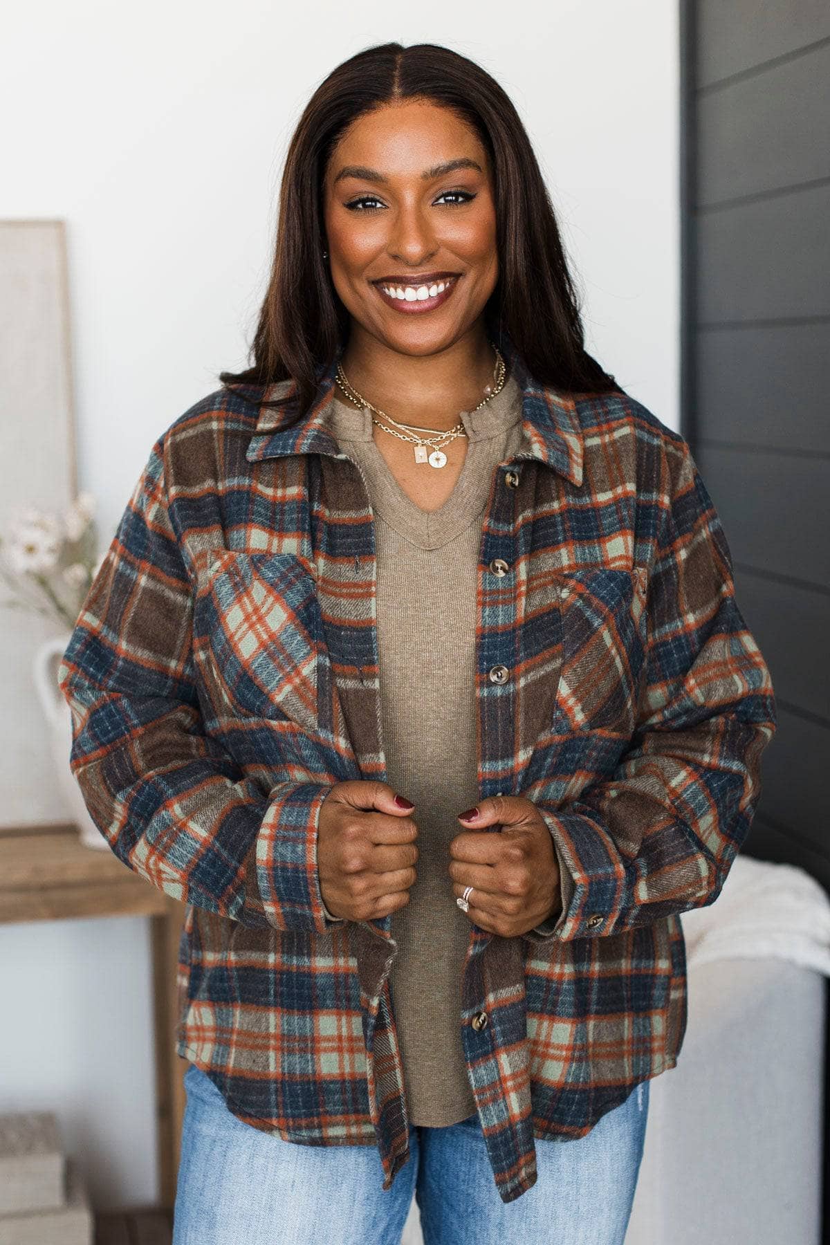 Feeling Carefree Lightweight Flannel Jacket- Brown & Navy