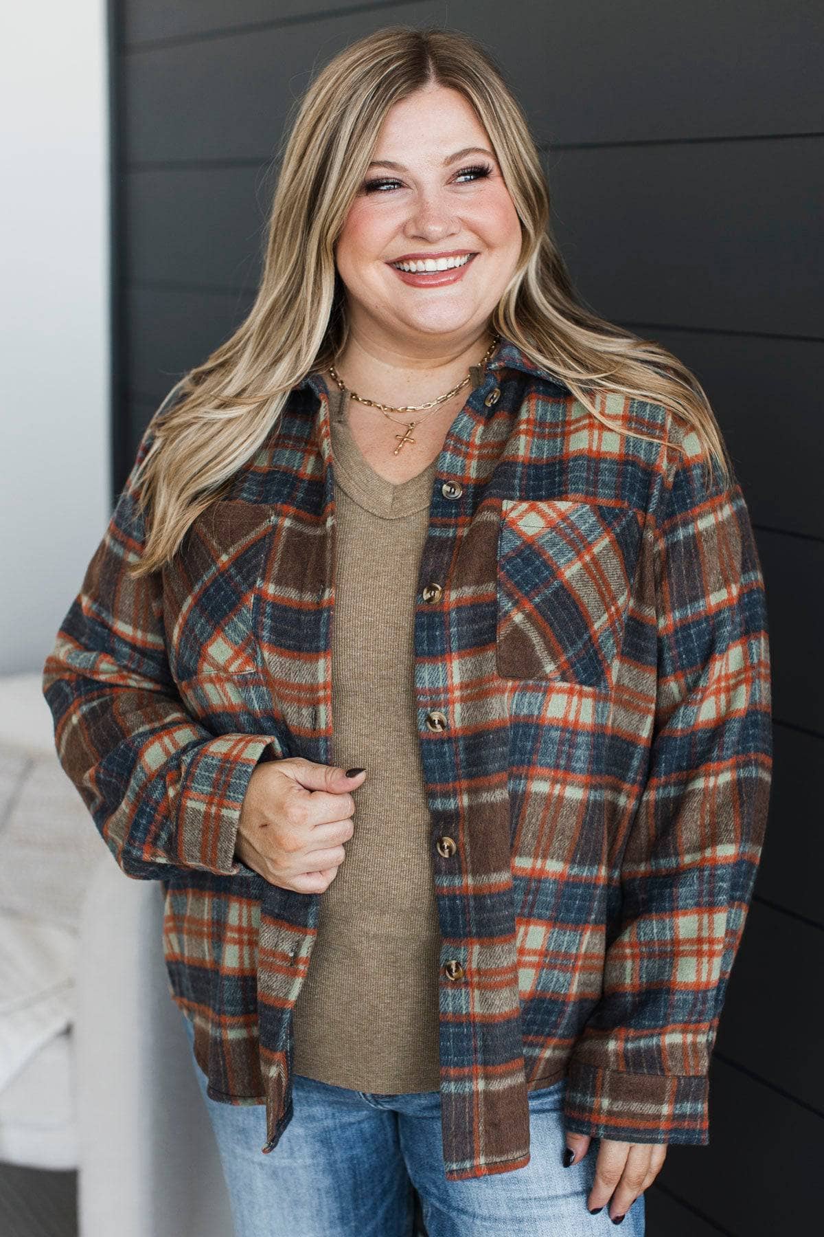 Feeling Carefree Lightweight Flannel Jacket- Brown & Navy - Image 3