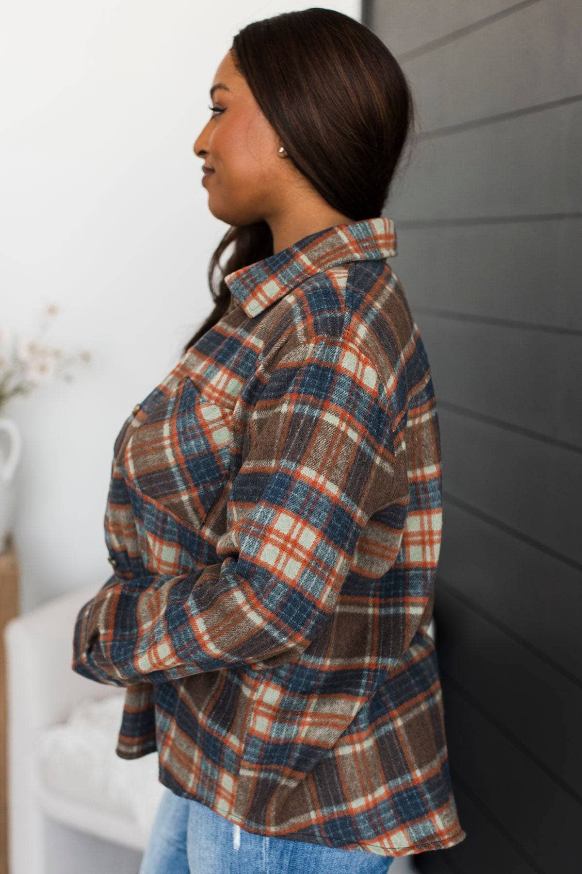 Feeling Carefree Lightweight Flannel Jacket- Brown & Navy - Image 4