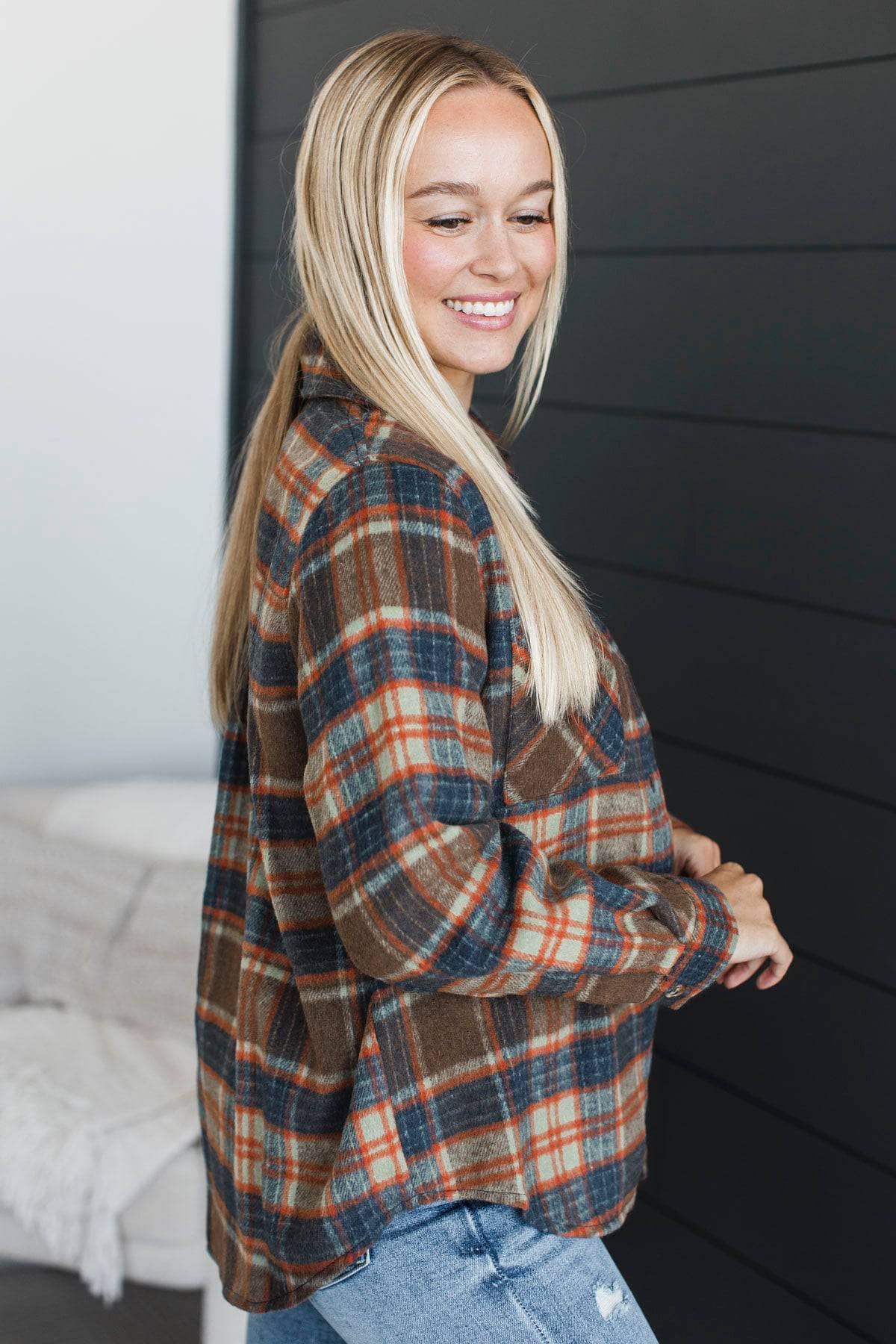 Feeling Carefree Lightweight Flannel Jacket- Brown & Navy - Image 5