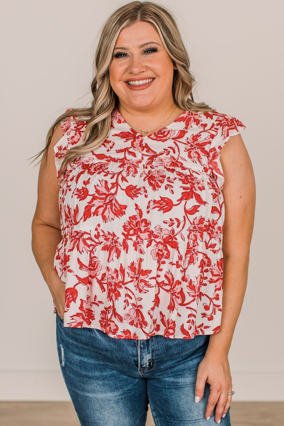 Feeling Cheerful Floral Blouse- Ivory & Red - Image 4