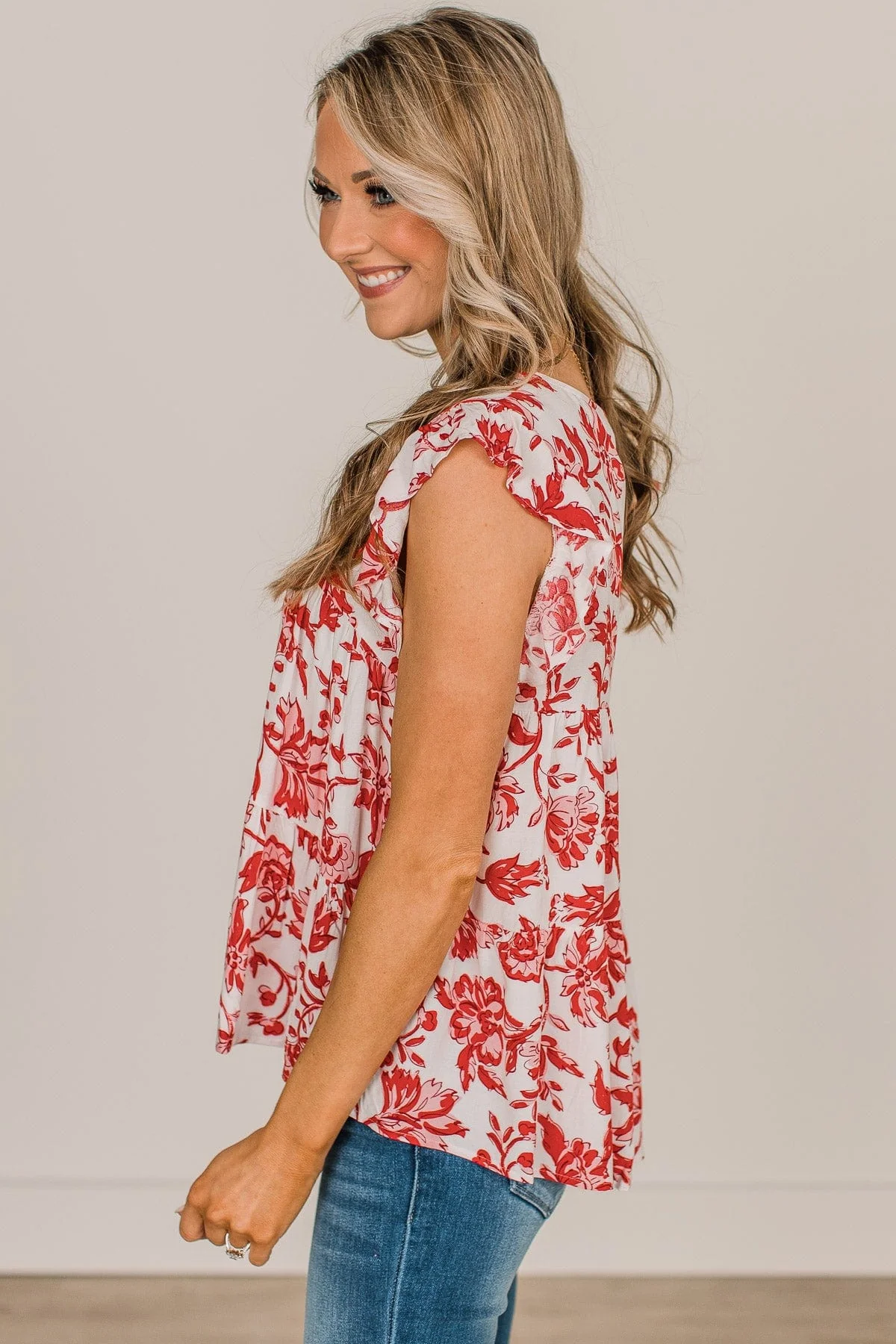 Feeling Cheerful Floral Blouse- Ivory & Red - Image 5