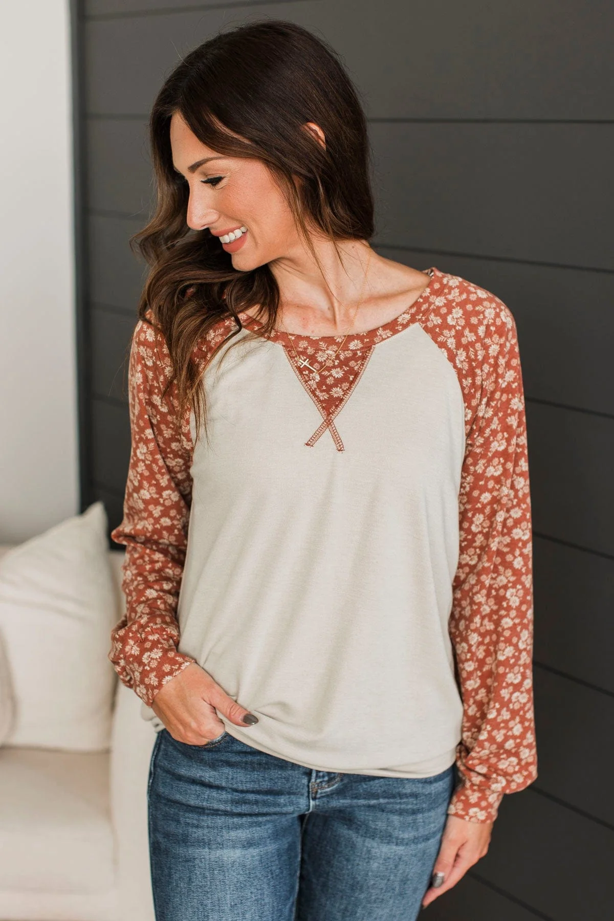 Feeling Cute Floral Long Sleeve Top- Oatmeal & Rust - Image 2