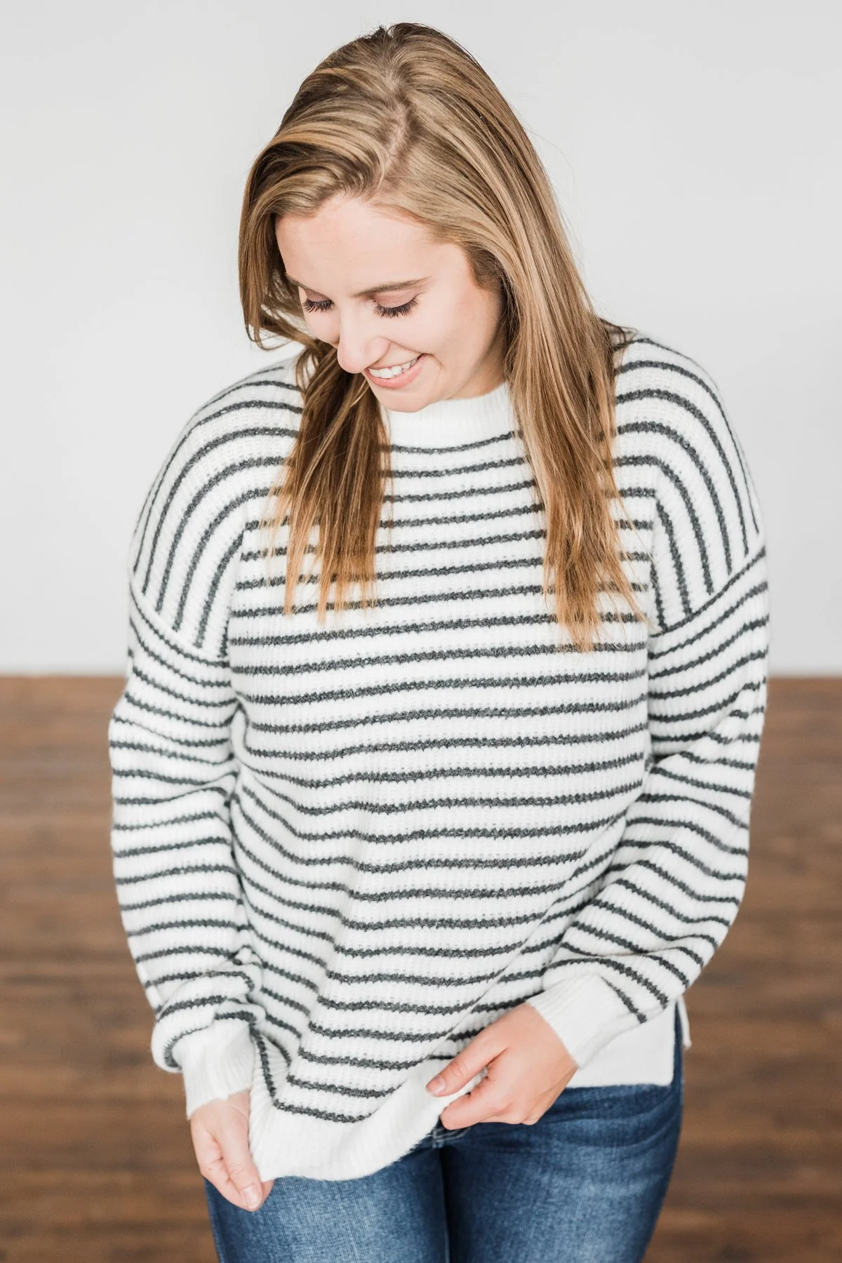Feeling Fabulous Striped Knit Sweater- Ivory & Charcoal - Image 5