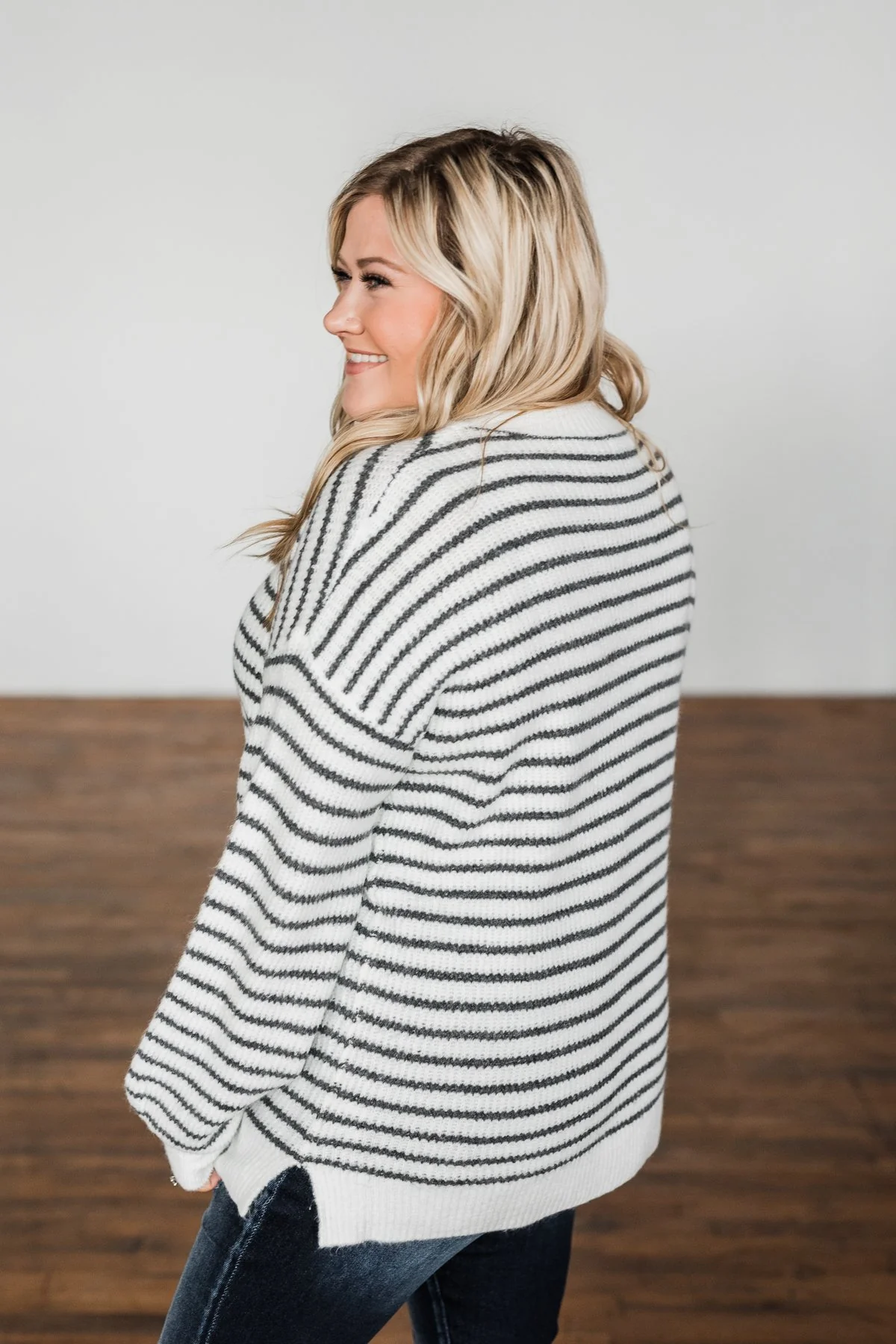 Feeling Fabulous Striped Knit Sweater- Ivory & Charcoal - Image 7